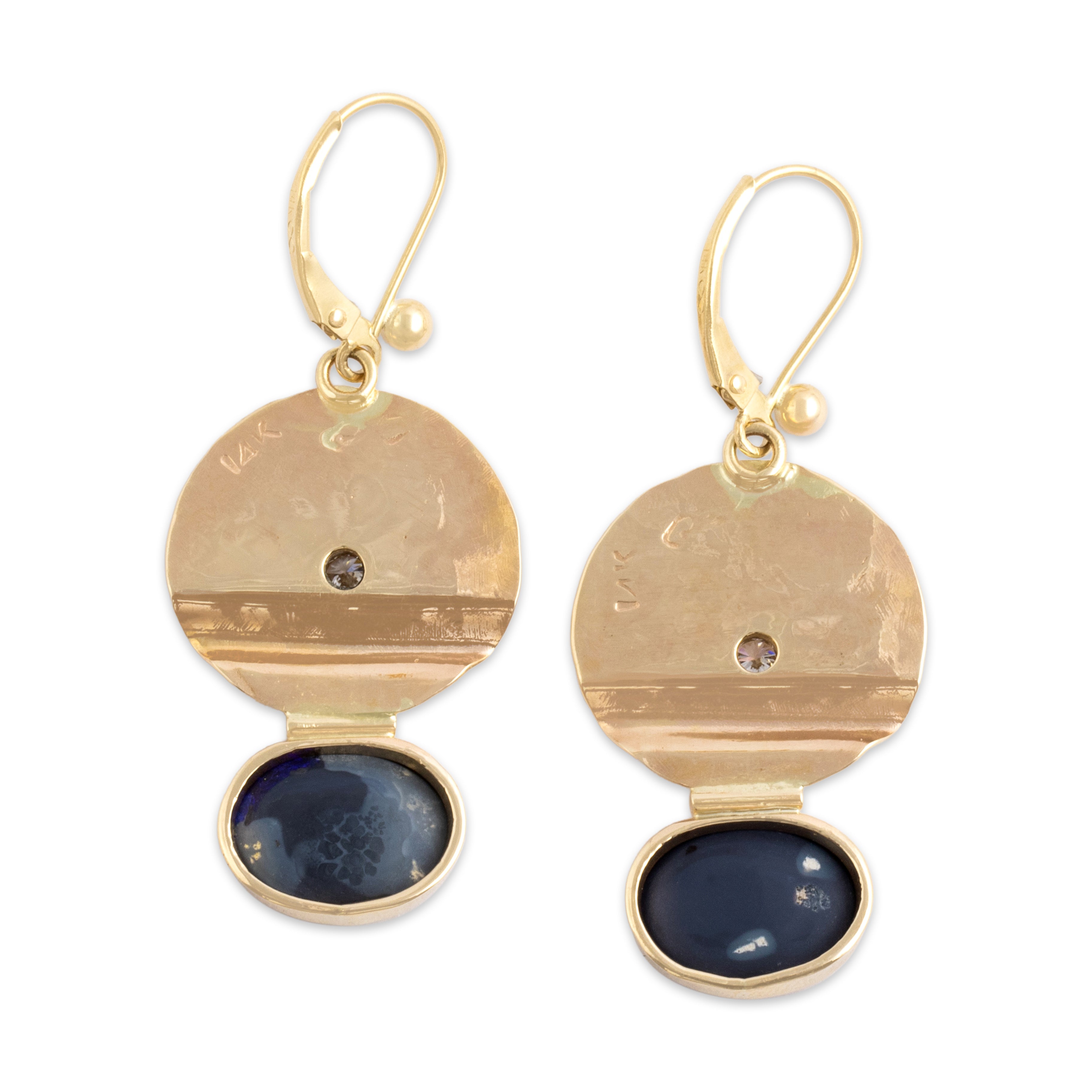 Vintage 14k Yellow Gold 4.23cttw Black Opal Diamond Artistic Disc Dangle Earrings