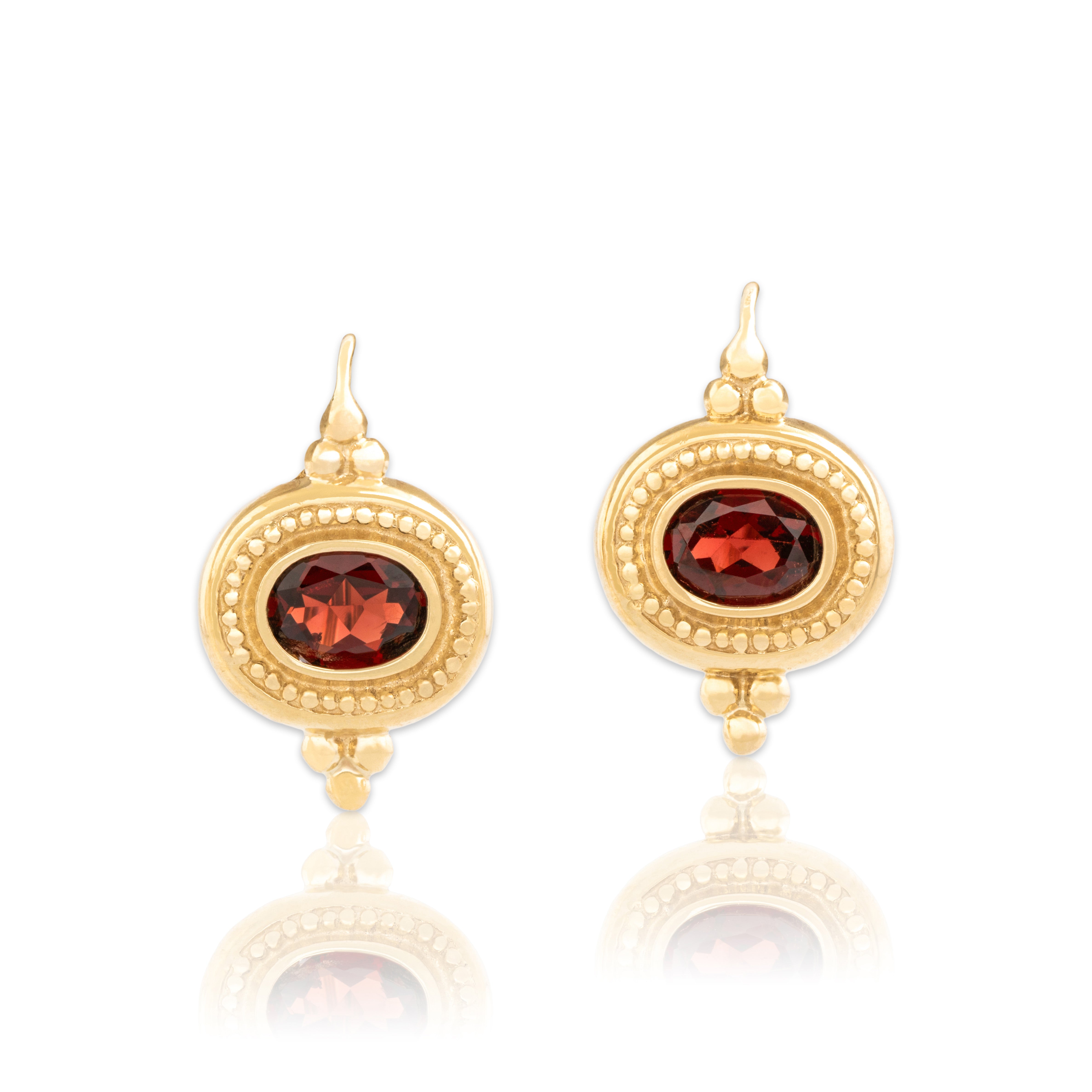 Vintage 14k Yellow Gold 2.16cttw Garnet East-West Ornate Framed Dangle Earrings
