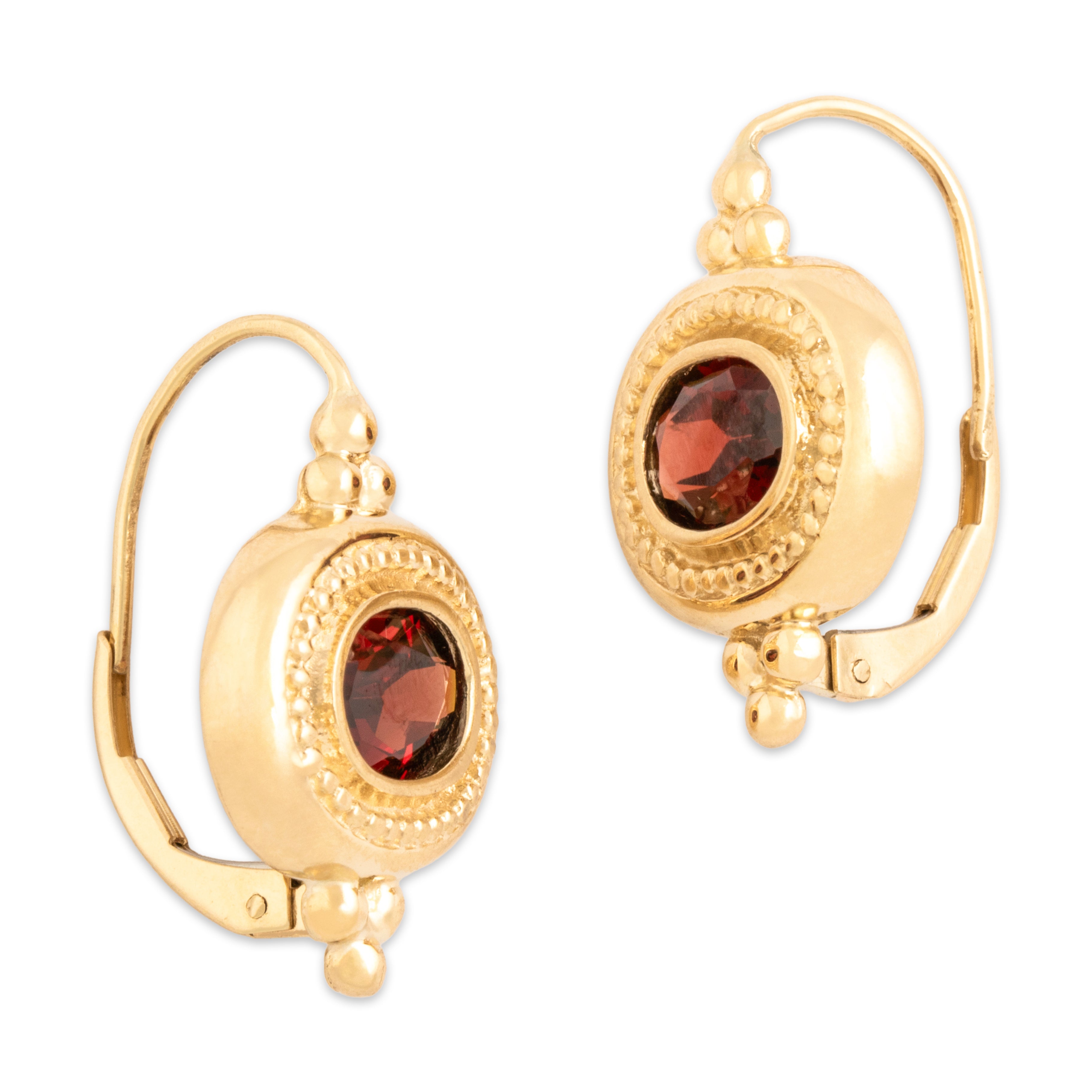 Vintage 14k Yellow Gold 2.16cttw Garnet East-West Ornate Framed Dangle Earrings - Side view