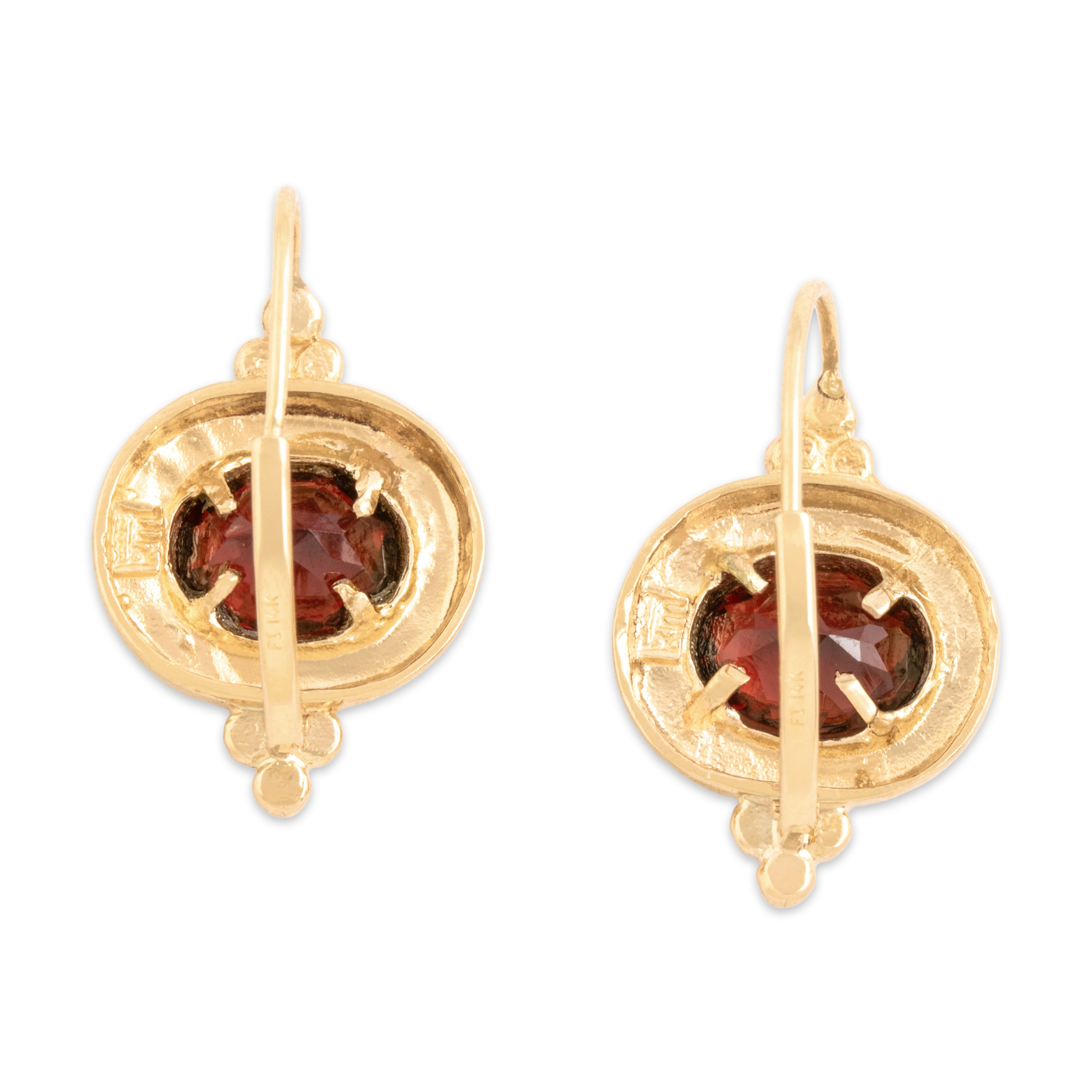 Vintage 14k Yellow Gold 2.16cttw Garnet East-West Ornate Framed Dangle Earrings - Back view