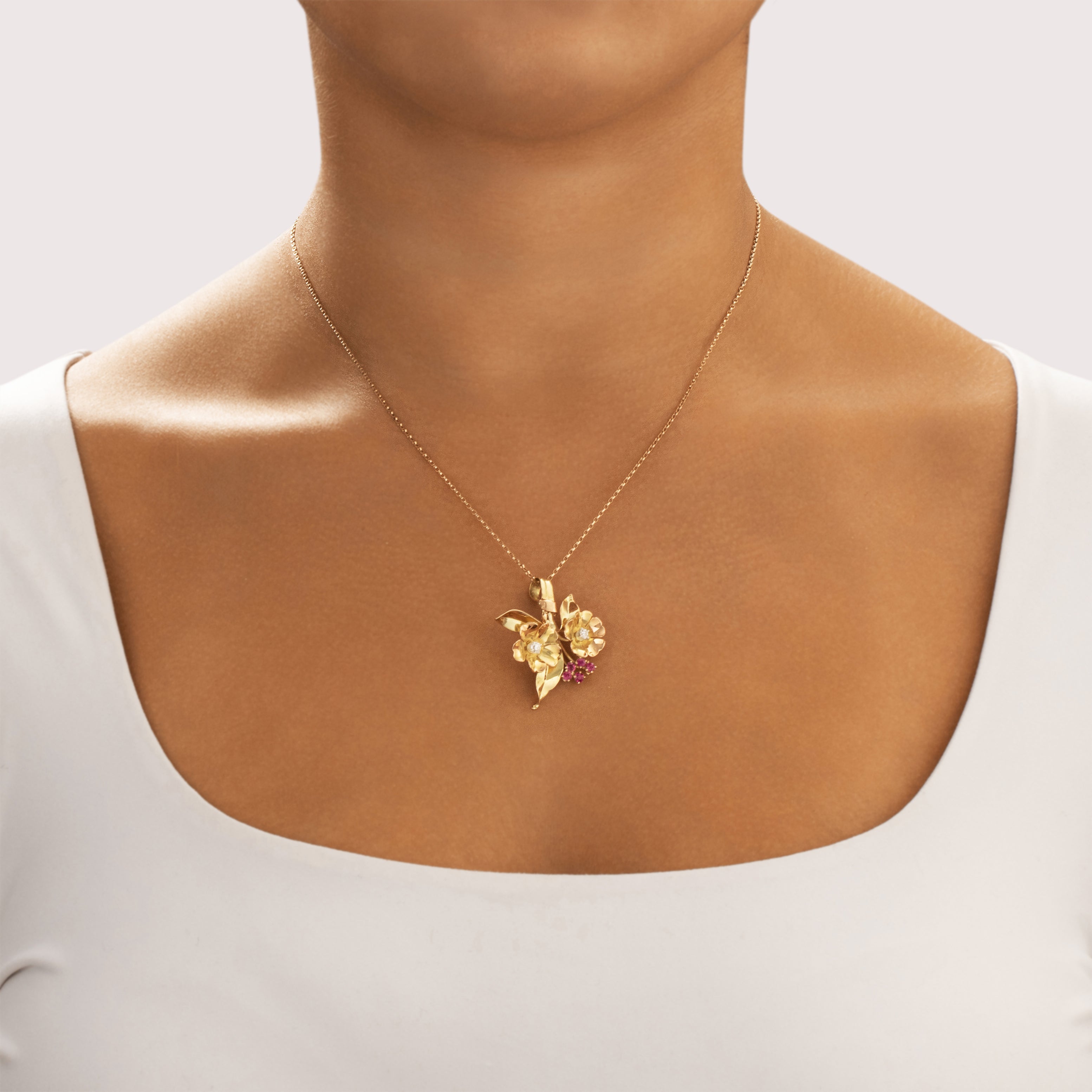 Vintage 18k Yellow & Rosy Yellow Gold Ruby Old Mine Cut Diamond Blooming Retro Floral Bouquet Pendant - On model view