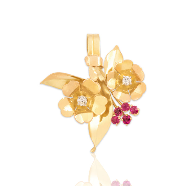 Vintage 18k Yellow & Rosy Yellow Gold Ruby Old Mine Cut Diamond Bouquet Pendant