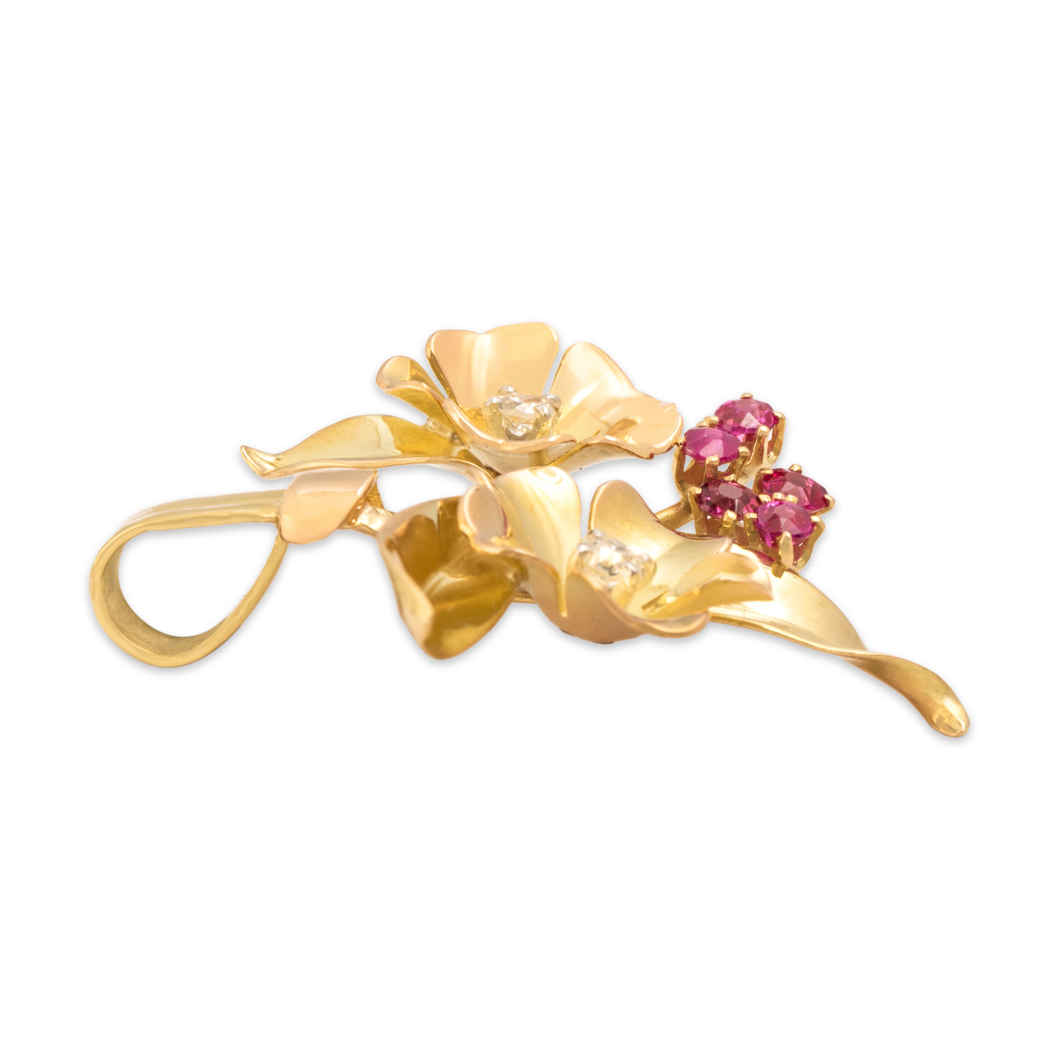 Vintage 18k Yellow & Rosy Yellow Gold Ruby Old Mine Cut Diamond Bouquet Pendant