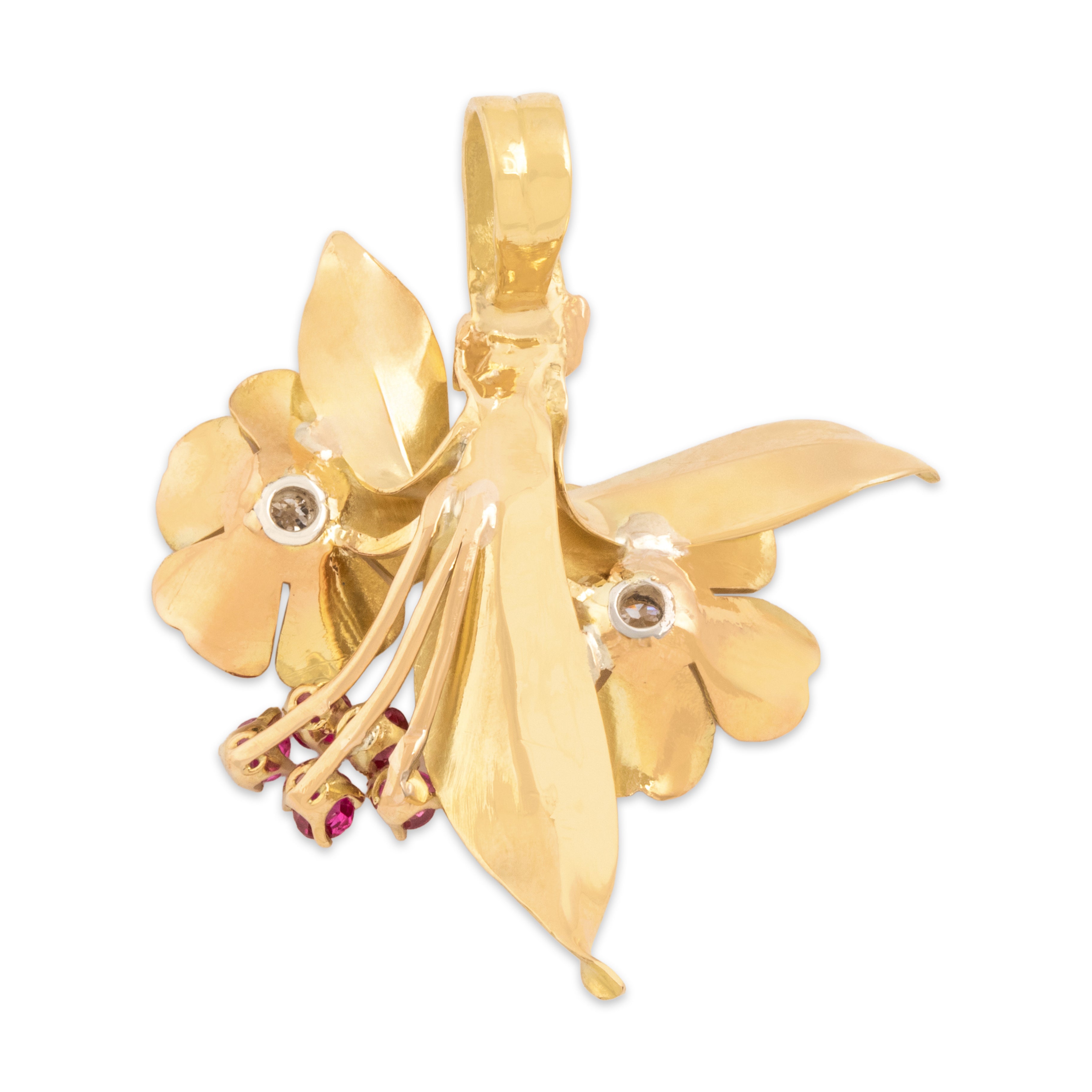 Vintage 18k Yellow & Rosy Yellow Gold Ruby Old Mine Cut Diamond Bouquet Pendant
