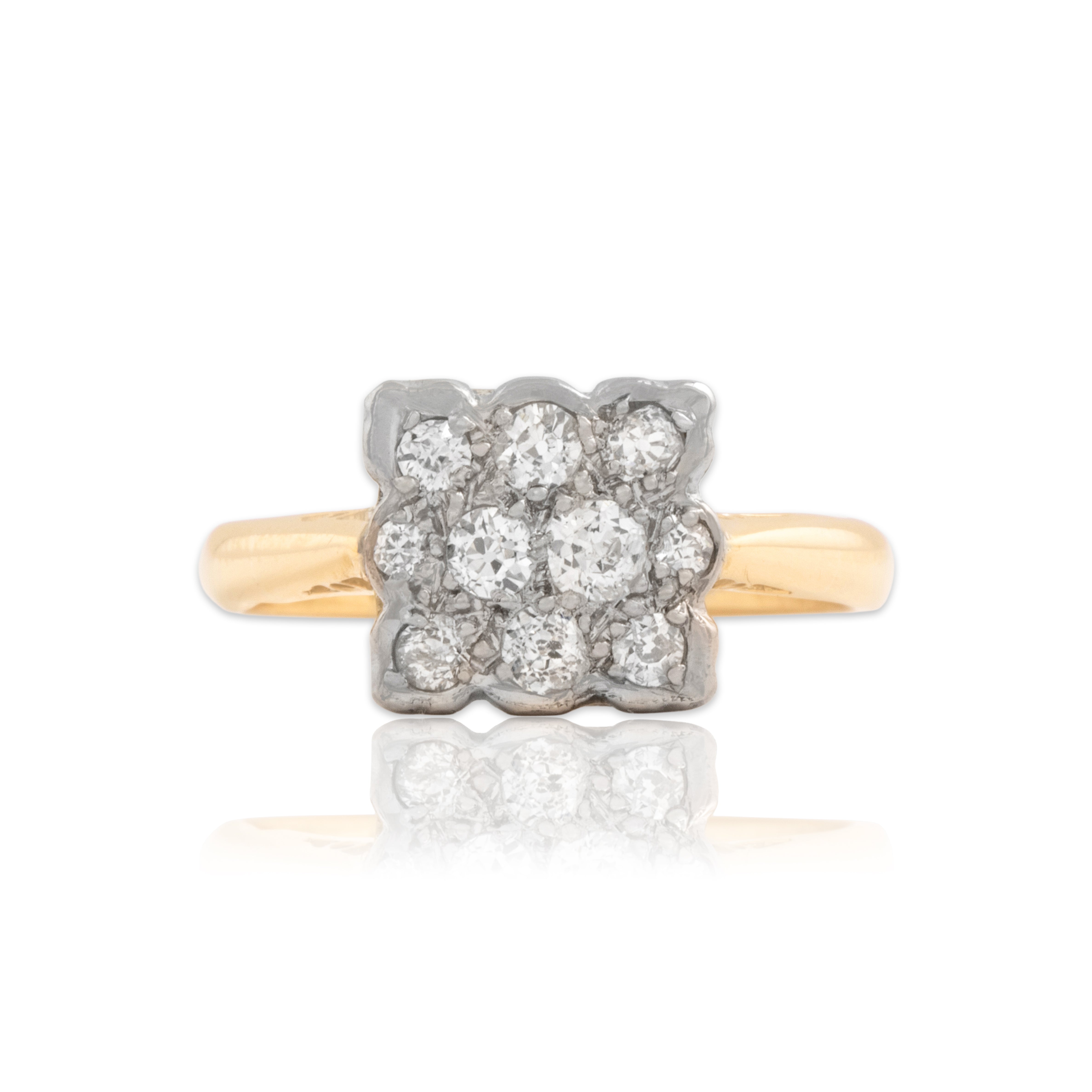 Vintage 14k Yellow & White Gold Old Mine Cut Diamond Scalloped Square Cluster Ring - Close-up view