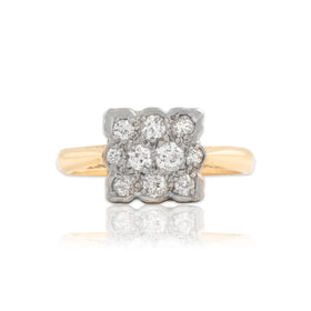 Vintage 14k Yellow & White Gold Old Mine Cut Diamond Square Cluster Ring 6.25