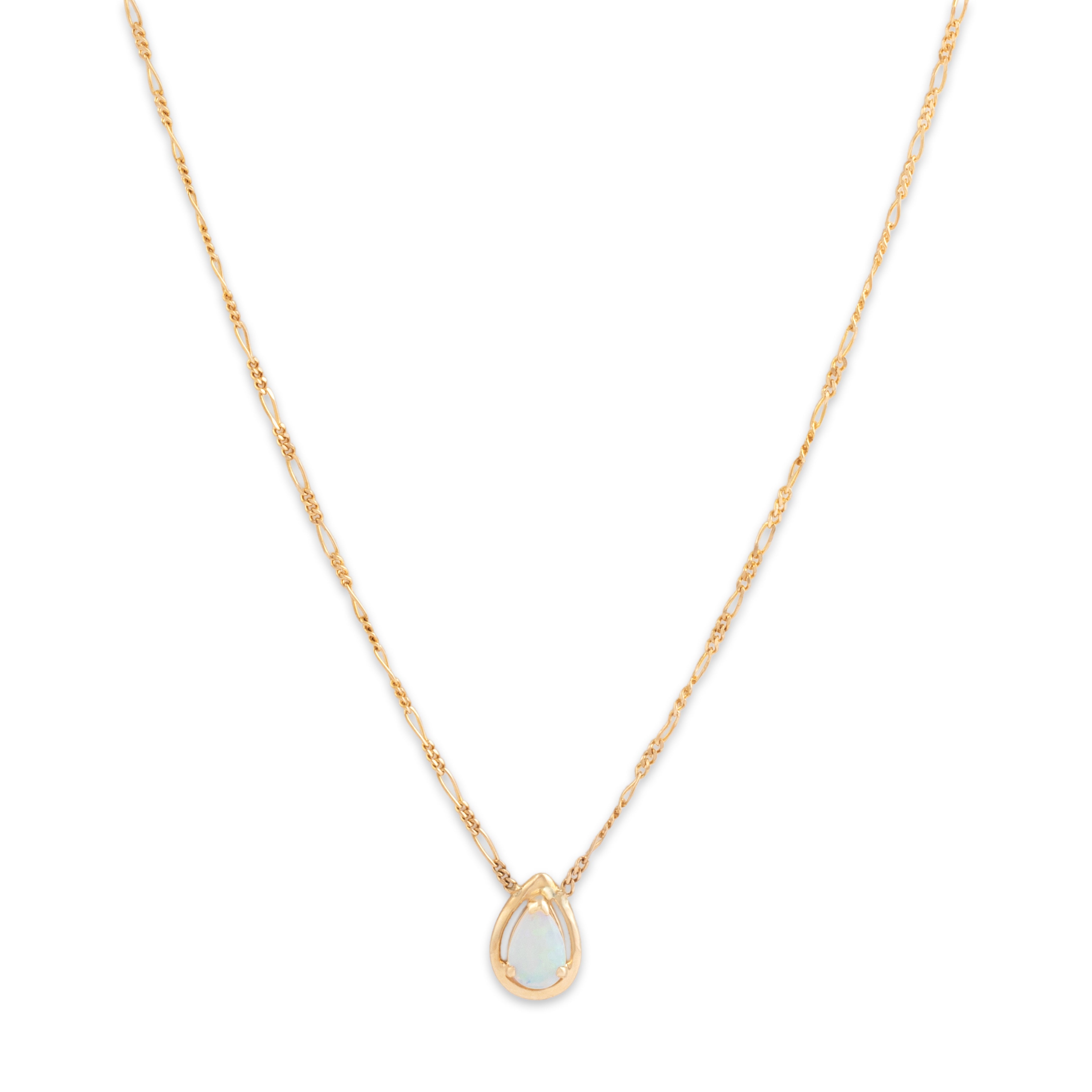 Vintage Italian 14k Yellow Gold Opal Iridescent Pear Figaro Chain Necklace - Close-up view