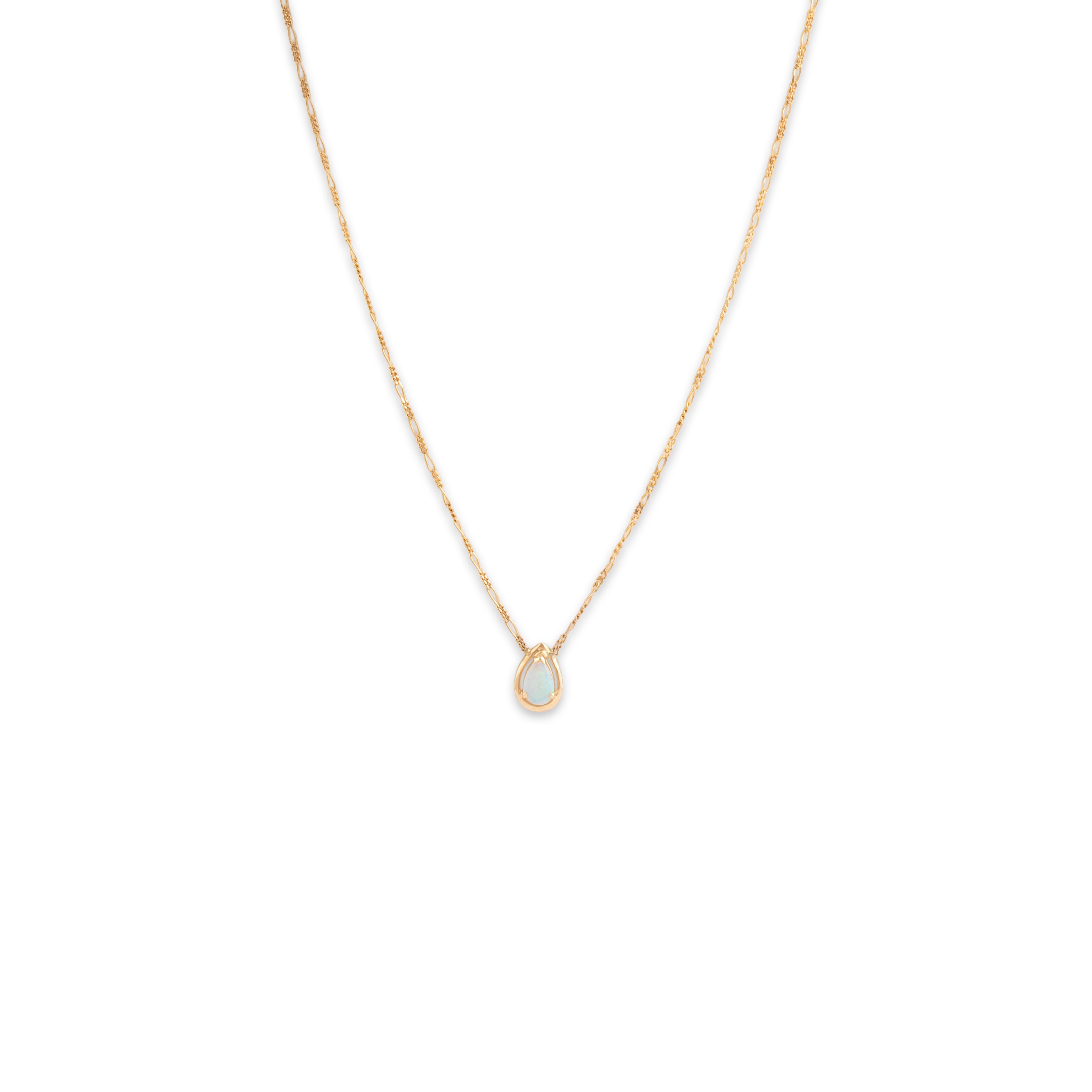 Vintage Italian 14k Yellow Gold Opal Iridescent Pear Figaro Chain Necklace 17.5