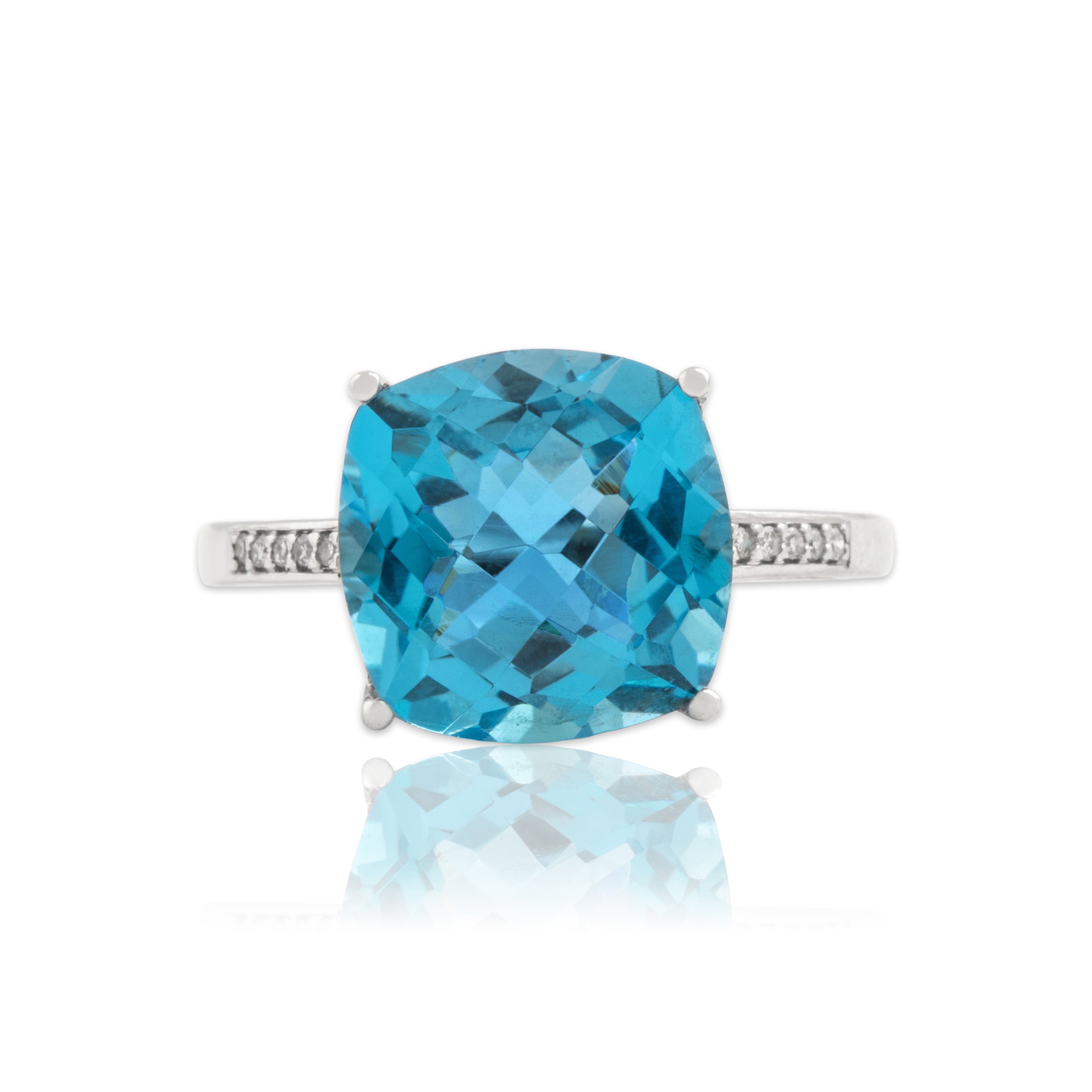 Estate 14k White Gold 6.71ct Blue Topaz Diamond Checkerboard Cushion Ring 7.00
