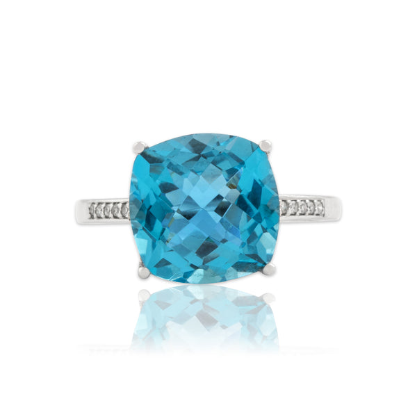 Estate 14k White Gold 6.71ct Blue Topaz Diamond Checkerboard Cushion Ring 7.00