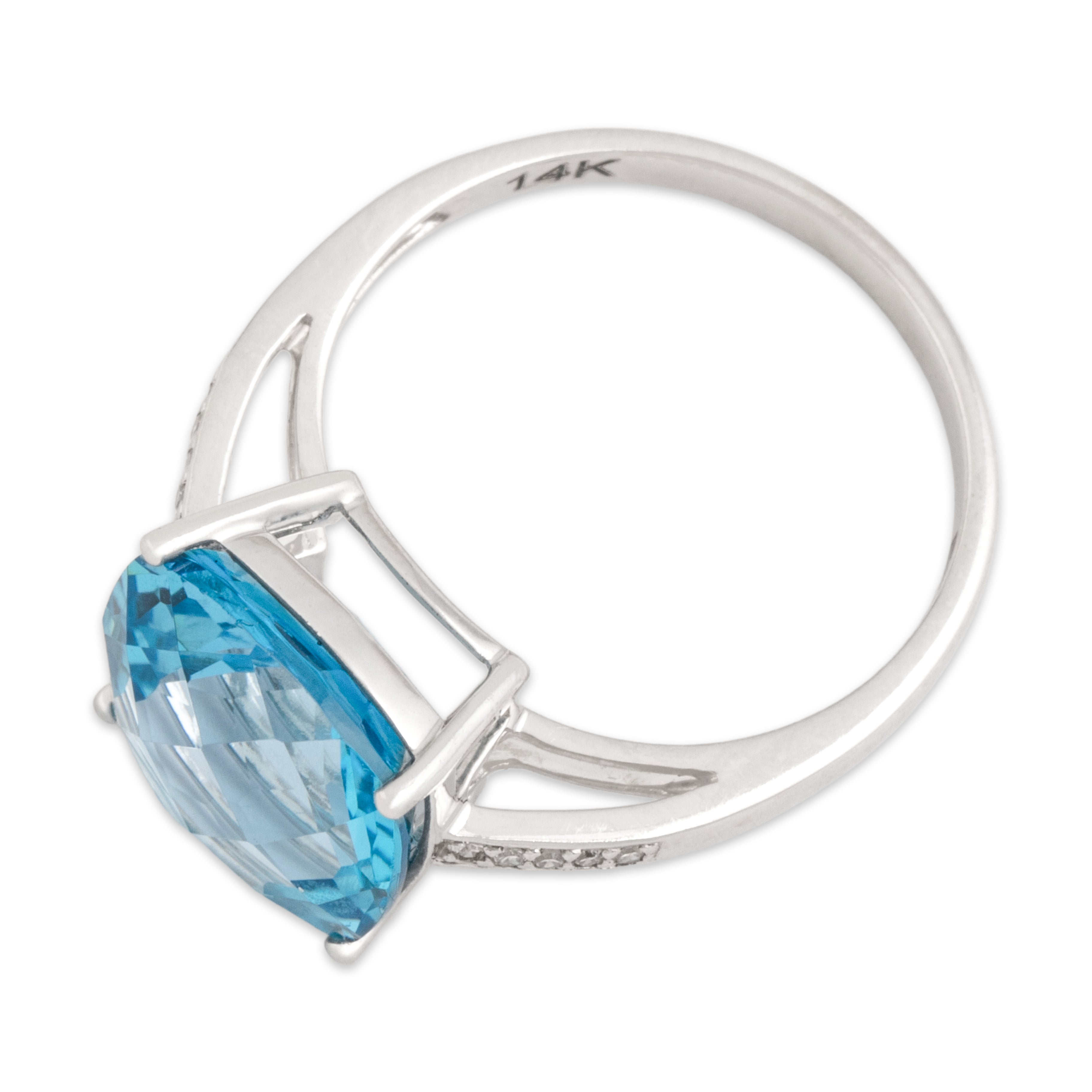 Estate 14k White Gold 6.71ct Blue Topaz Diamond Vivid Checkerboard Cushion Ring - Overall view
