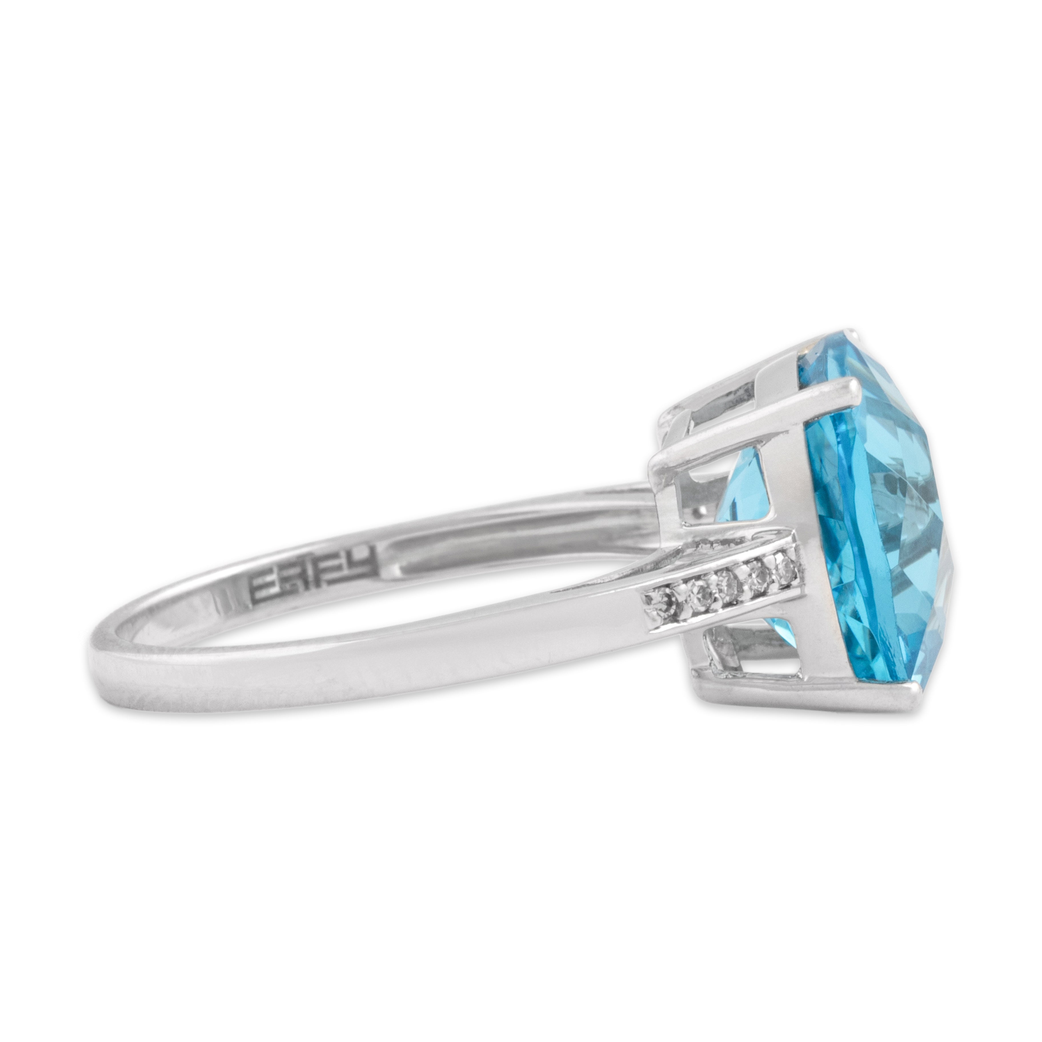 Estate 14k White Gold 6.71ct Blue Topaz Diamond Vivid Checkerboard Cushion Ring - Side view