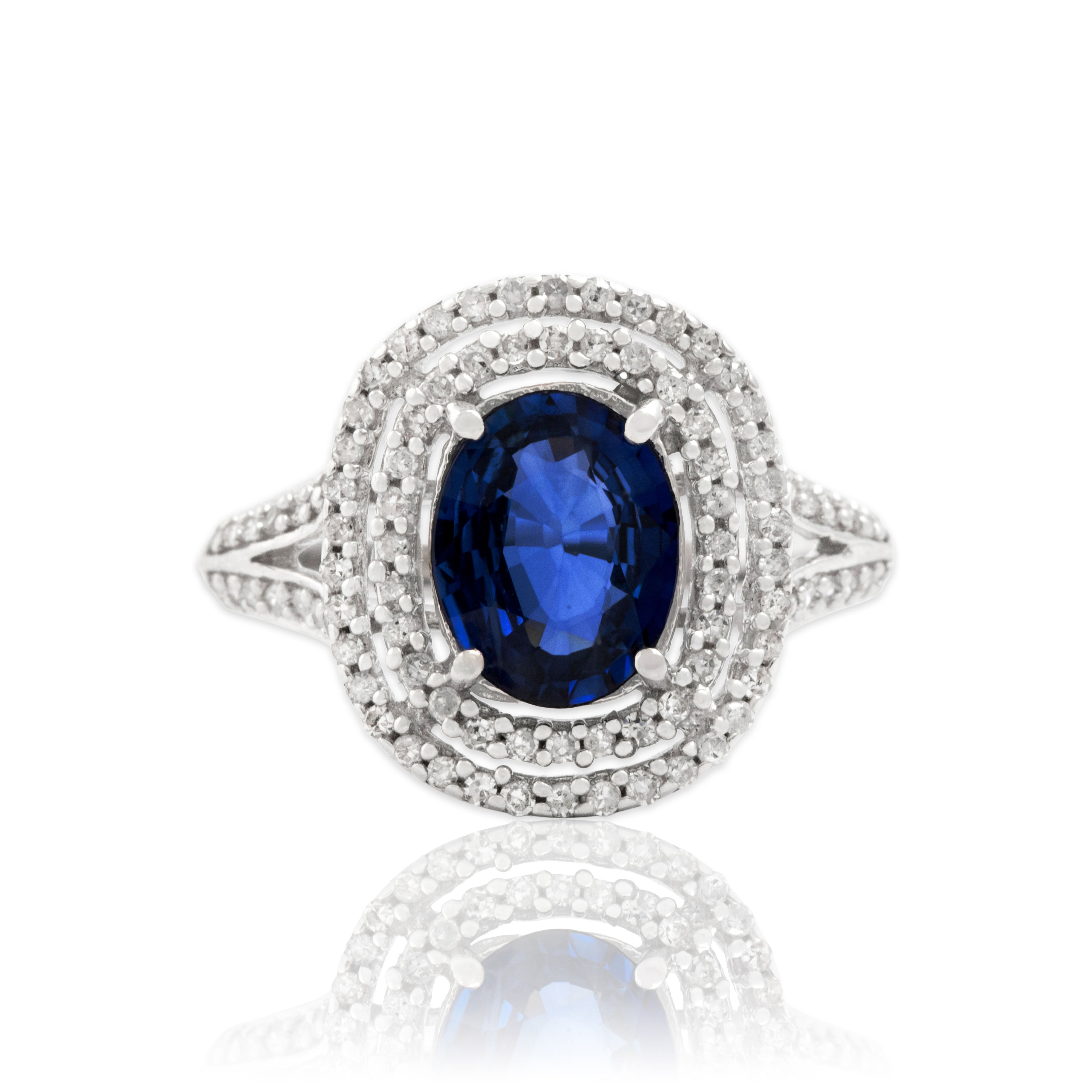 Vintage 14k White Gold 1.55ct Blue Sapphire Diamond Superb Double Halo Ring 7.25