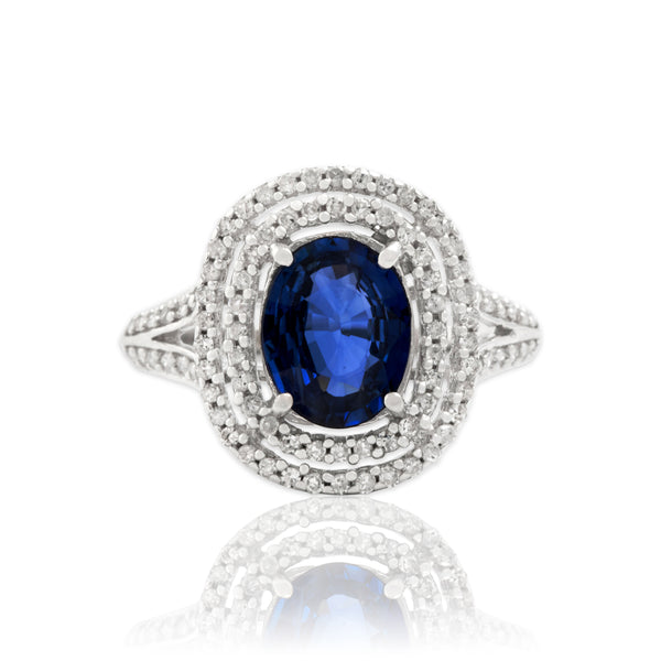 Vintage 14k White Gold 1.55ct Blue Sapphire Diamond Superb Double Halo Ring 7.25