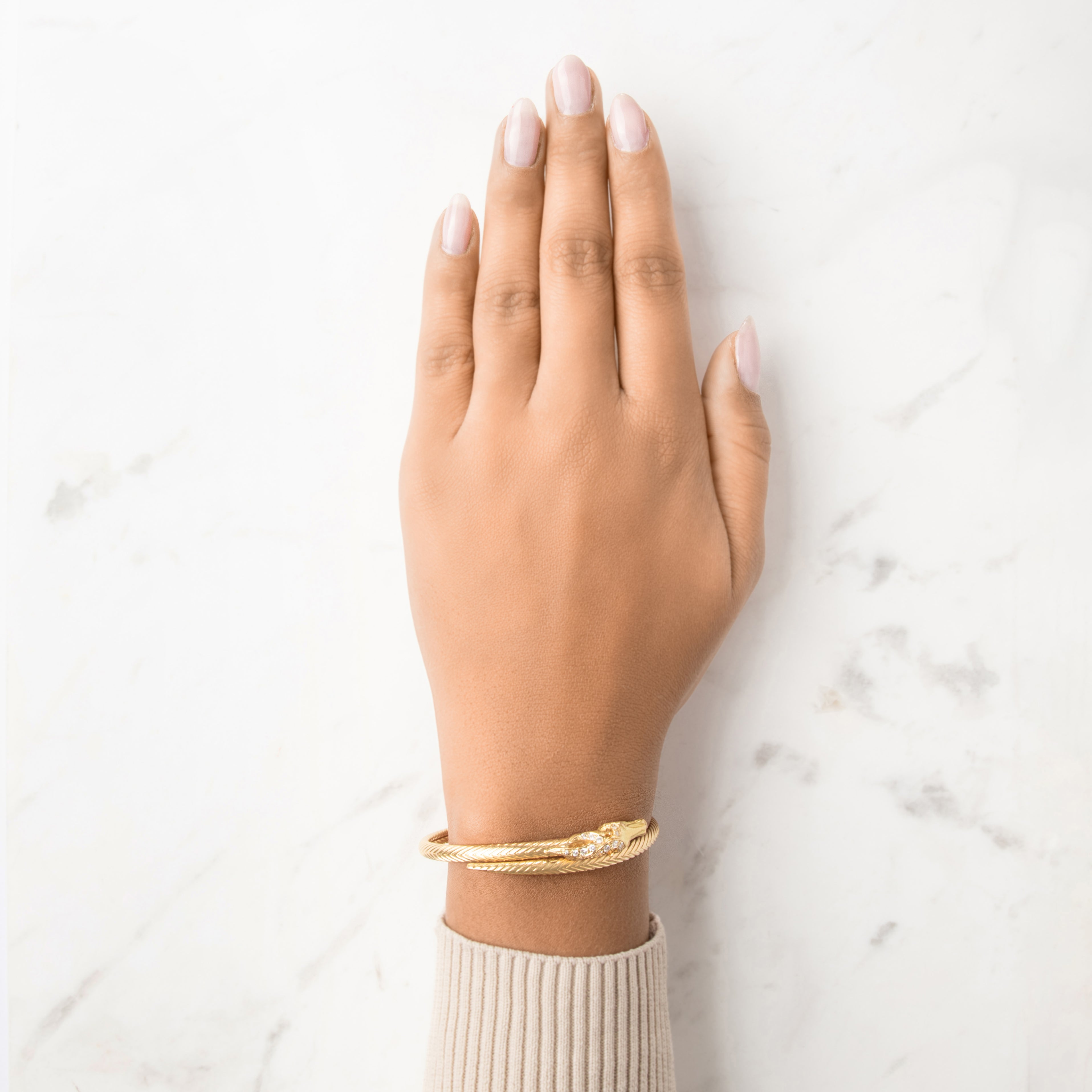 Vintage French 18k Yellow Gold Diamond Superb Horse Head Ribbed Wrap-Around Bracelet - On model view