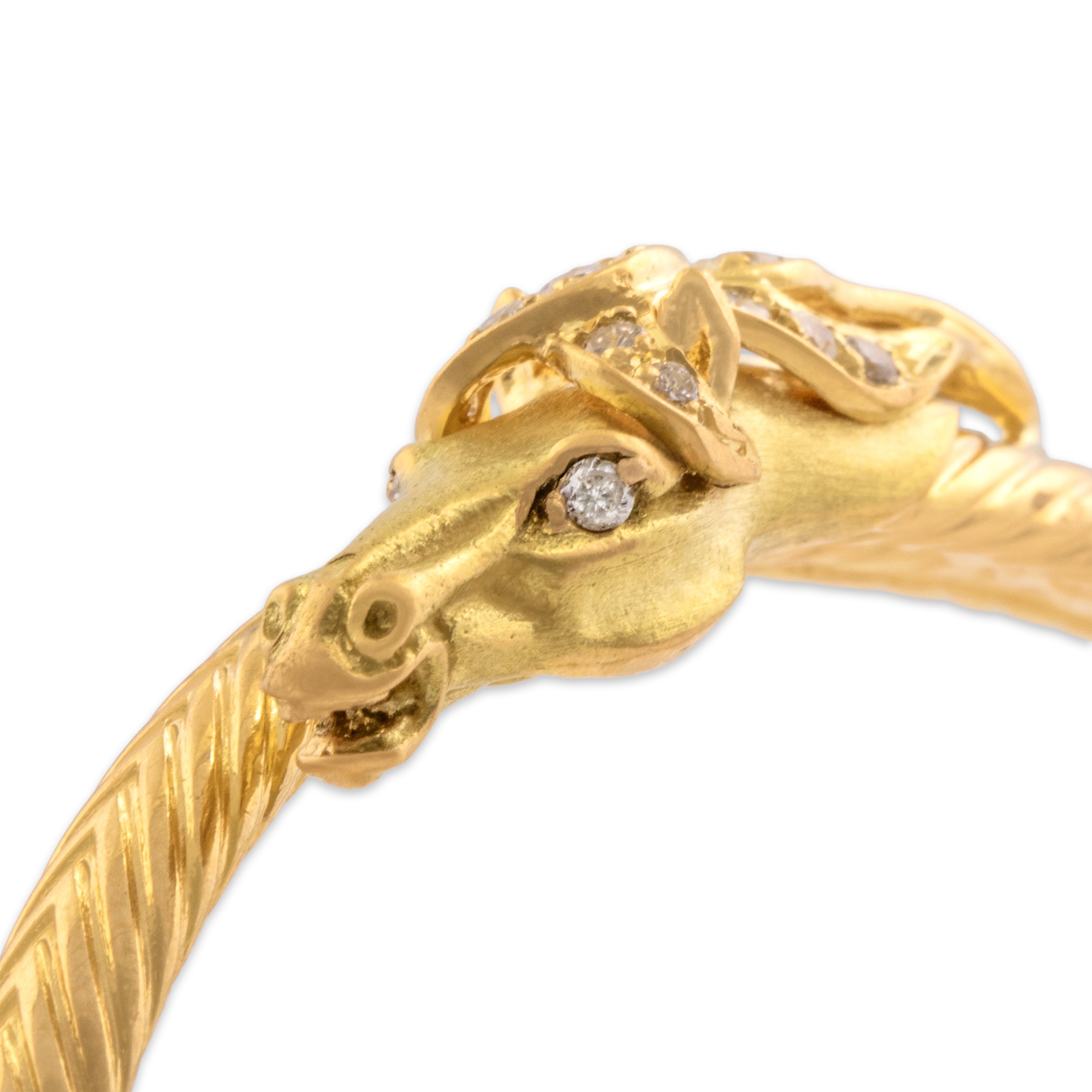 Vintage French 18k Yellow Gold Diamond Superb Horse Head Ribbed Wrap-Around Bracelet - detail view #2
