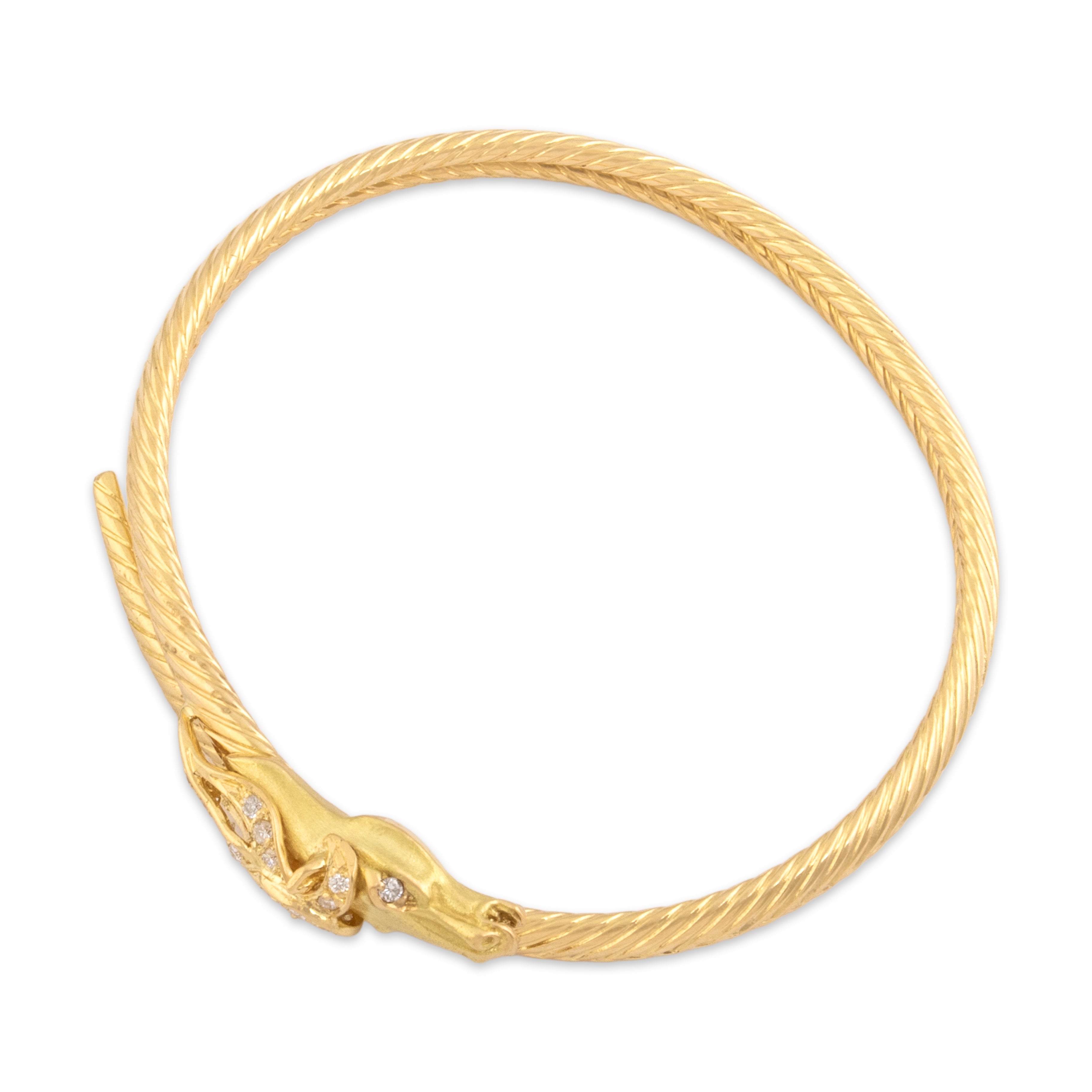 Vintage French 18k Yellow Gold Diamond Superb Horse Head Ribbed Wrap-Around Bracelet - Overall view