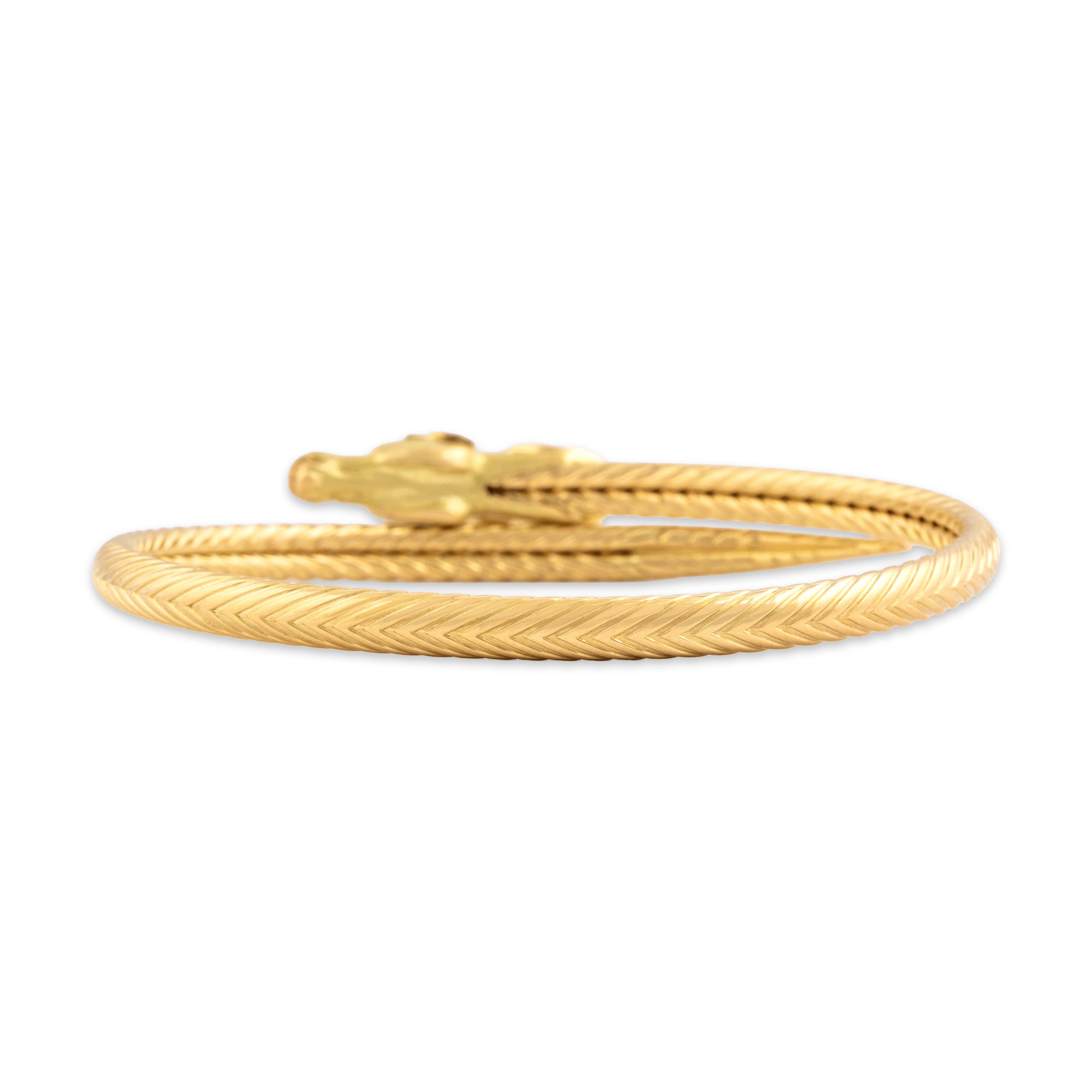 Vintage French 18k Yellow Gold Diamond Superb Horse Head Ribbed Wrap-Around Bracelet - Back view
