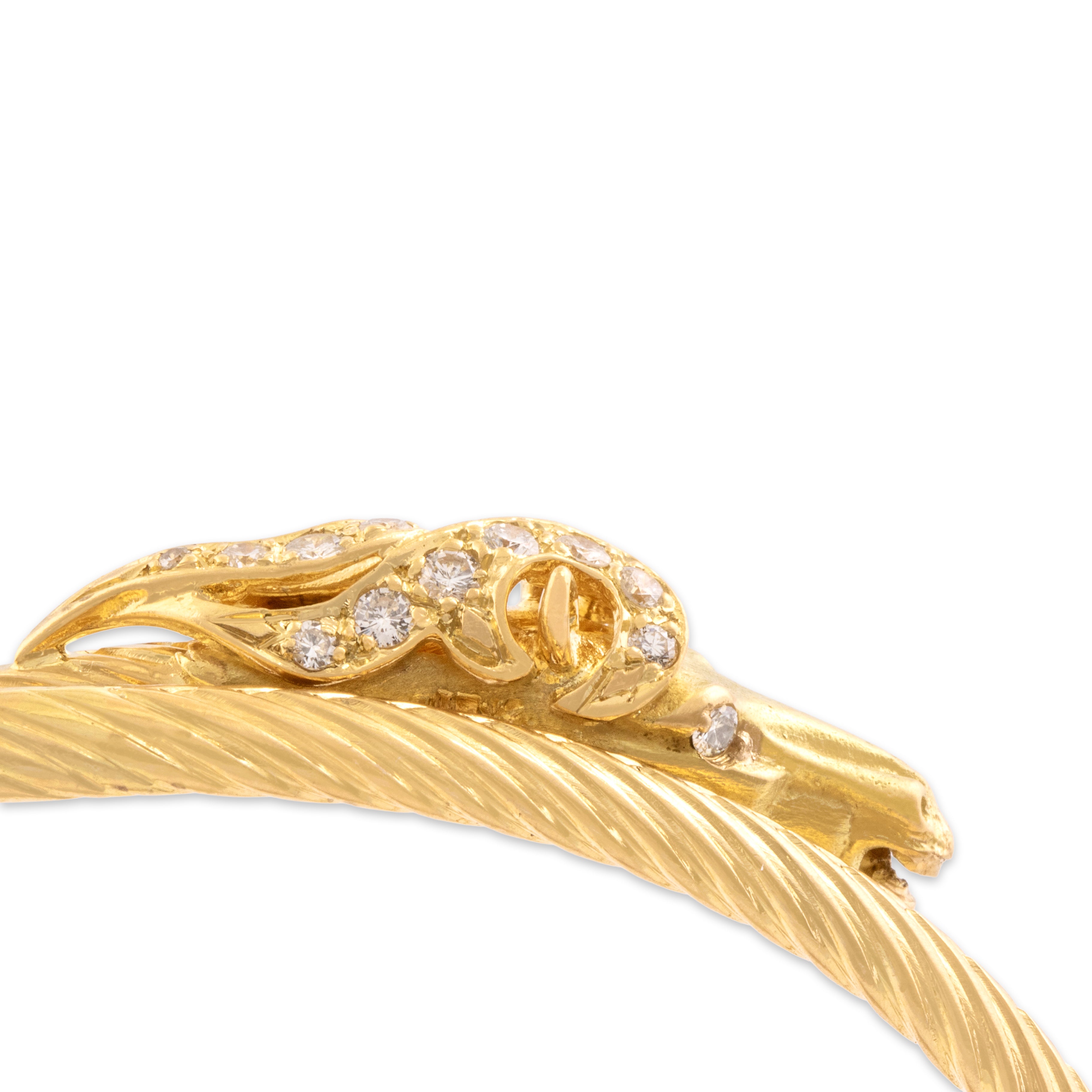 Vintage French 18k Yellow Gold Diamond Superb Horse Head Ribbed Wrap-Around Bracelet - detail view #1