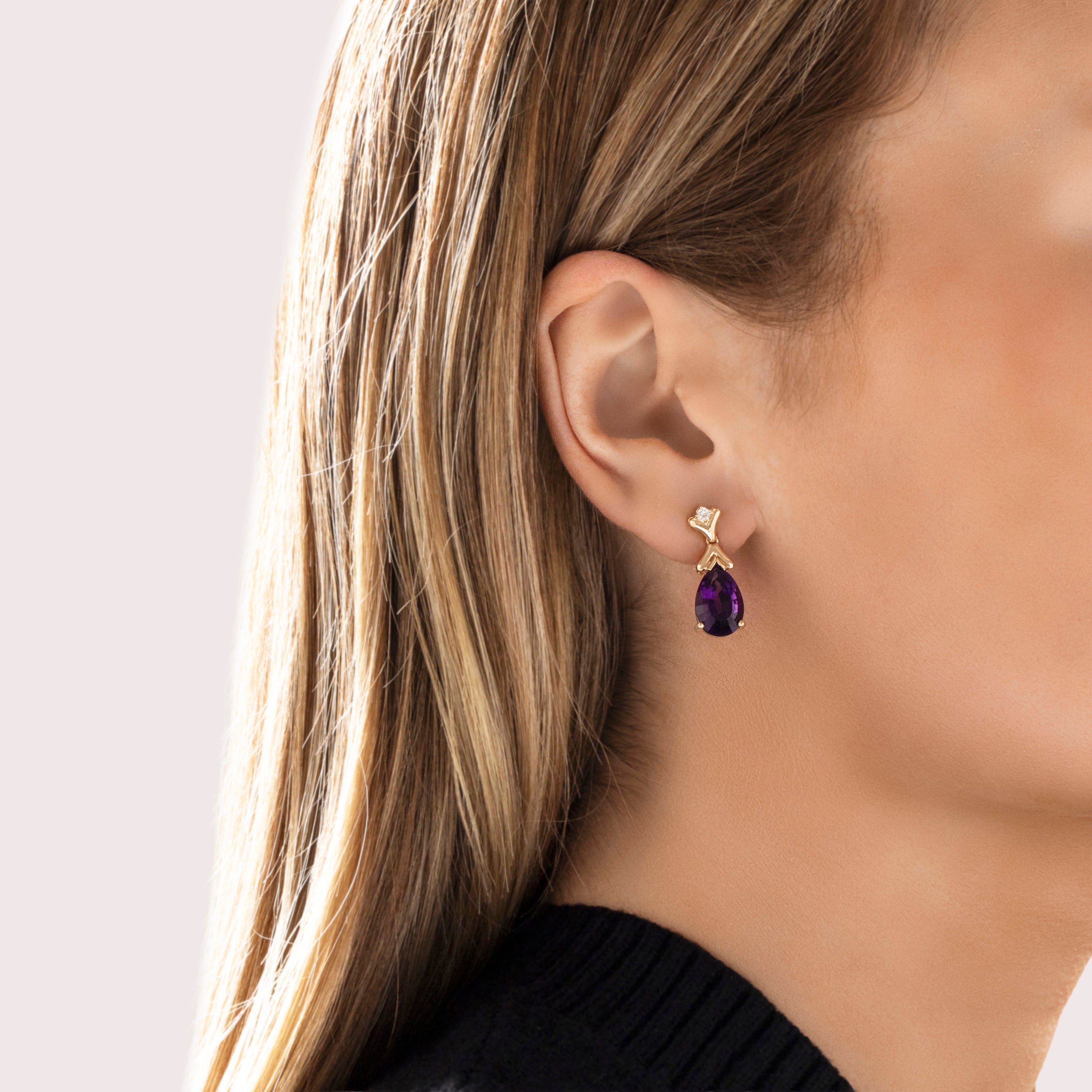 Vintage 14k Yellow Gold 7.13cttw Amethyst Diamond Elegant Pear Drop Dangle Earrings - On model view