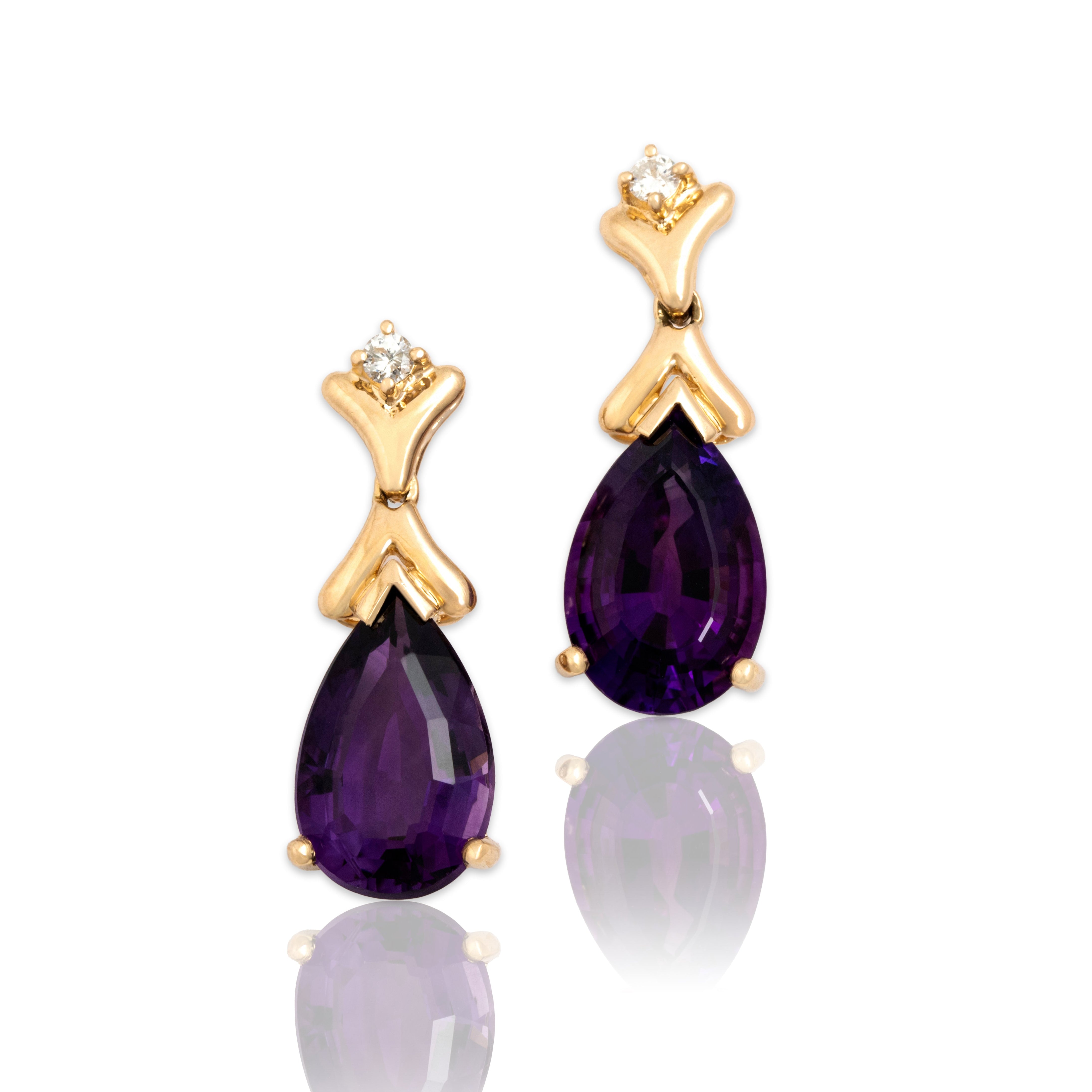 Vintage 14k Yellow Gold 7.13cttw Amethyst Diamond Elegant Pear Drop Dangle Earrings - Close-up view