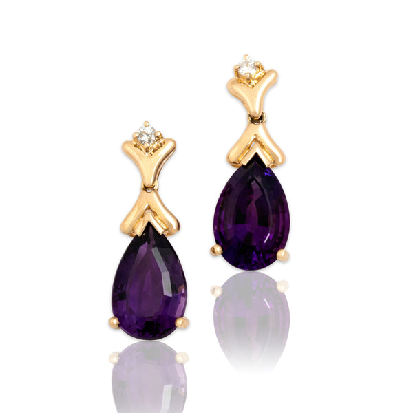 Vintage 14k Yellow Gold 7.13cttw Amethyst Diamond Elegant Pear Dangle Earrings