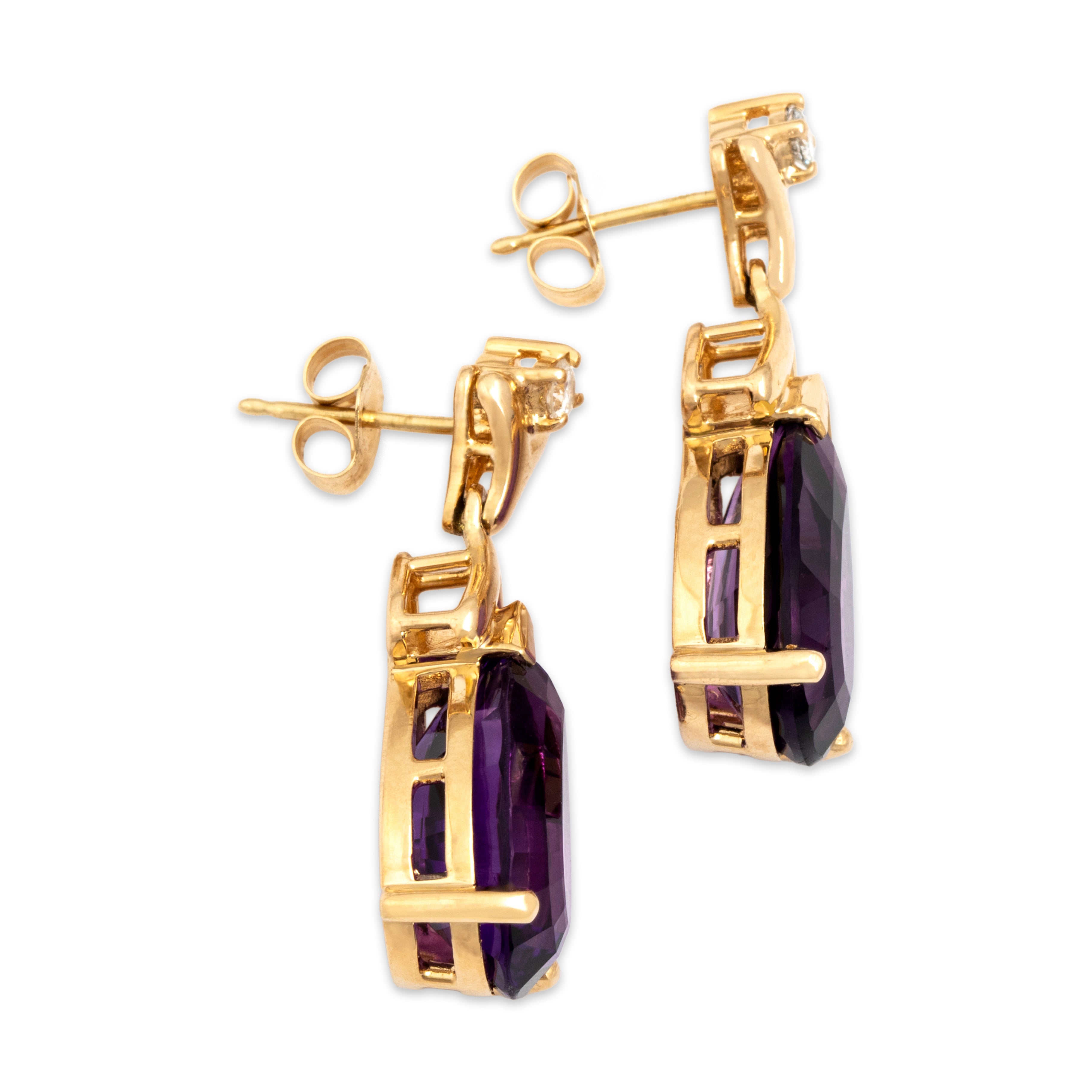 Vintage 14k Yellow Gold 7.13cttw Amethyst Diamond Elegant Pear Drop Dangle Earrings - Side view