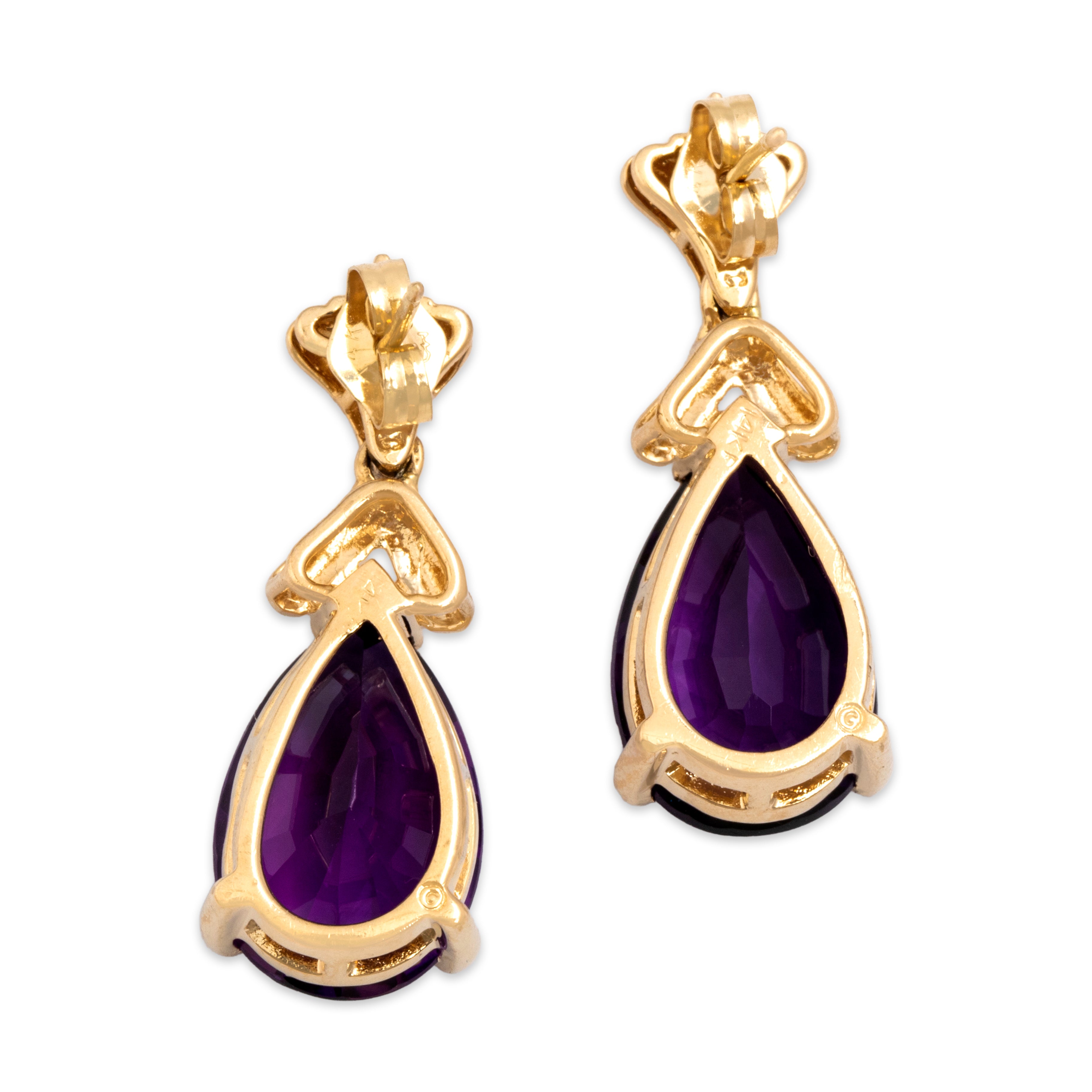 Vintage 14k Yellow Gold 7.13cttw Amethyst Diamond Elegant Pear Drop Dangle Earrings - Back view