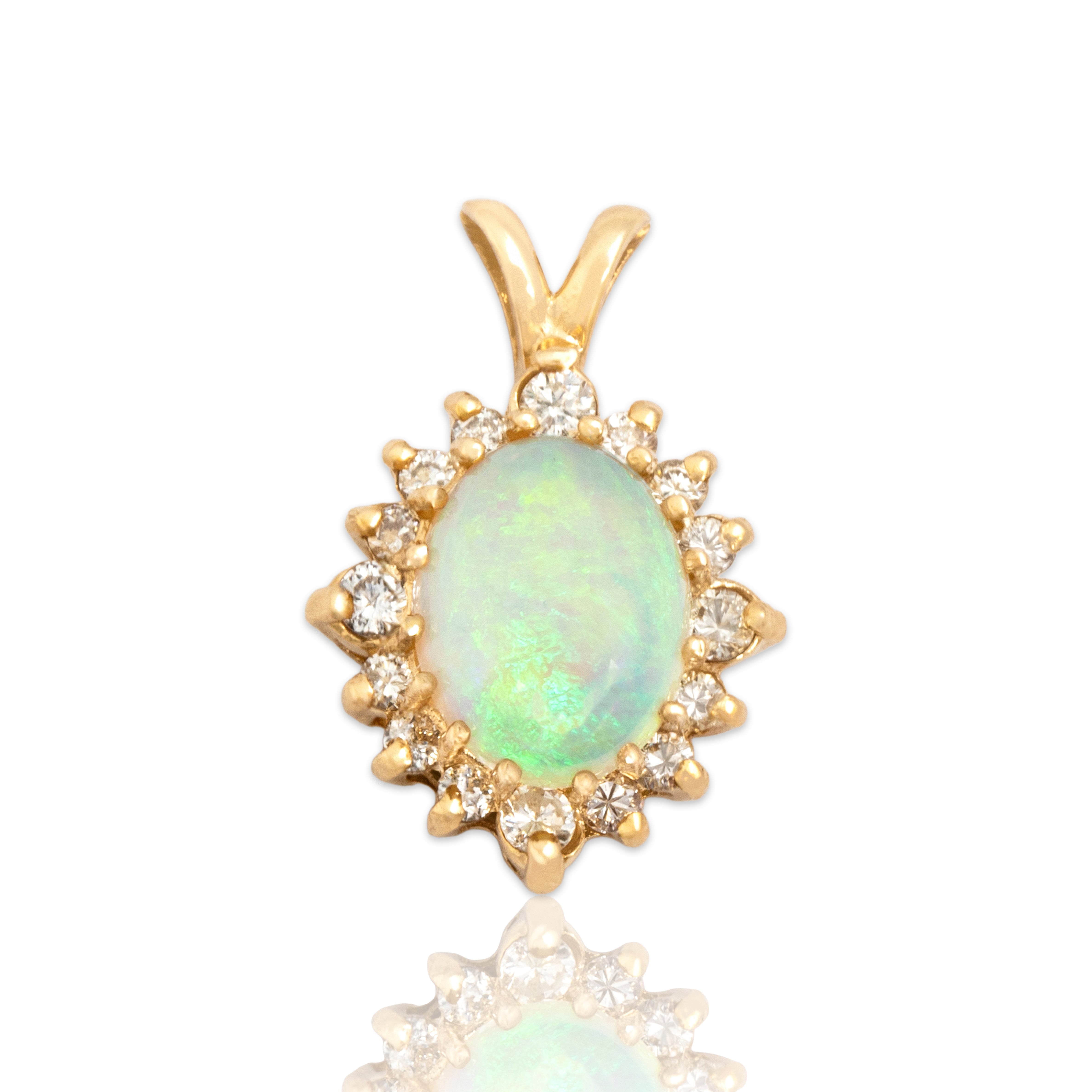 Vintage 14k Yellow Gold 1.12ct Opal Diamond Sparkling Oval Halo Pendant - Close-up view