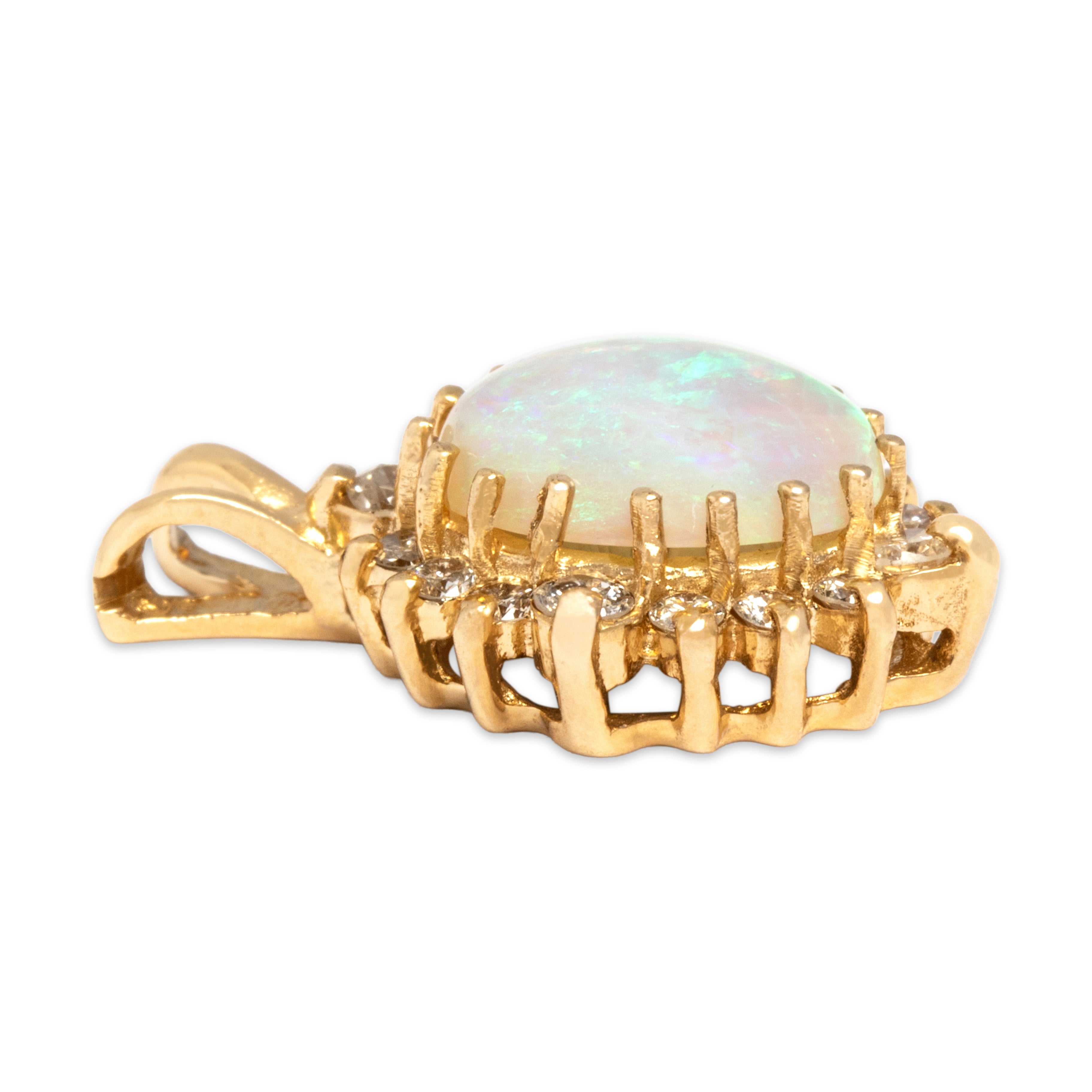 Vintage 14k Yellow Gold 1.12ct Opal Diamond Sparkling Oval Halo Pendant - Side view