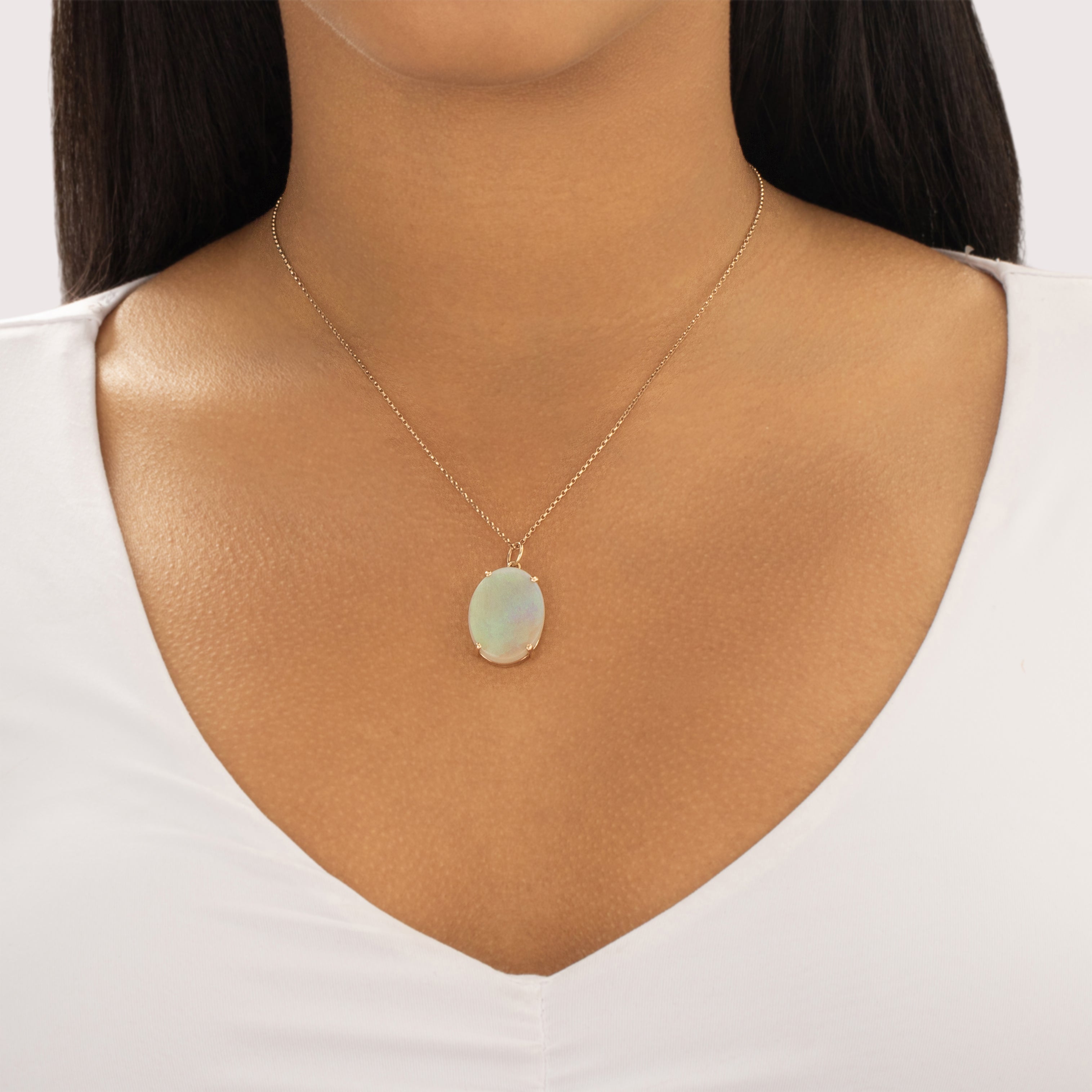 Vintage 14k Yellow Gold 10.32ct Opal Mesmerizing Iridescent Oval Pendant - On model view