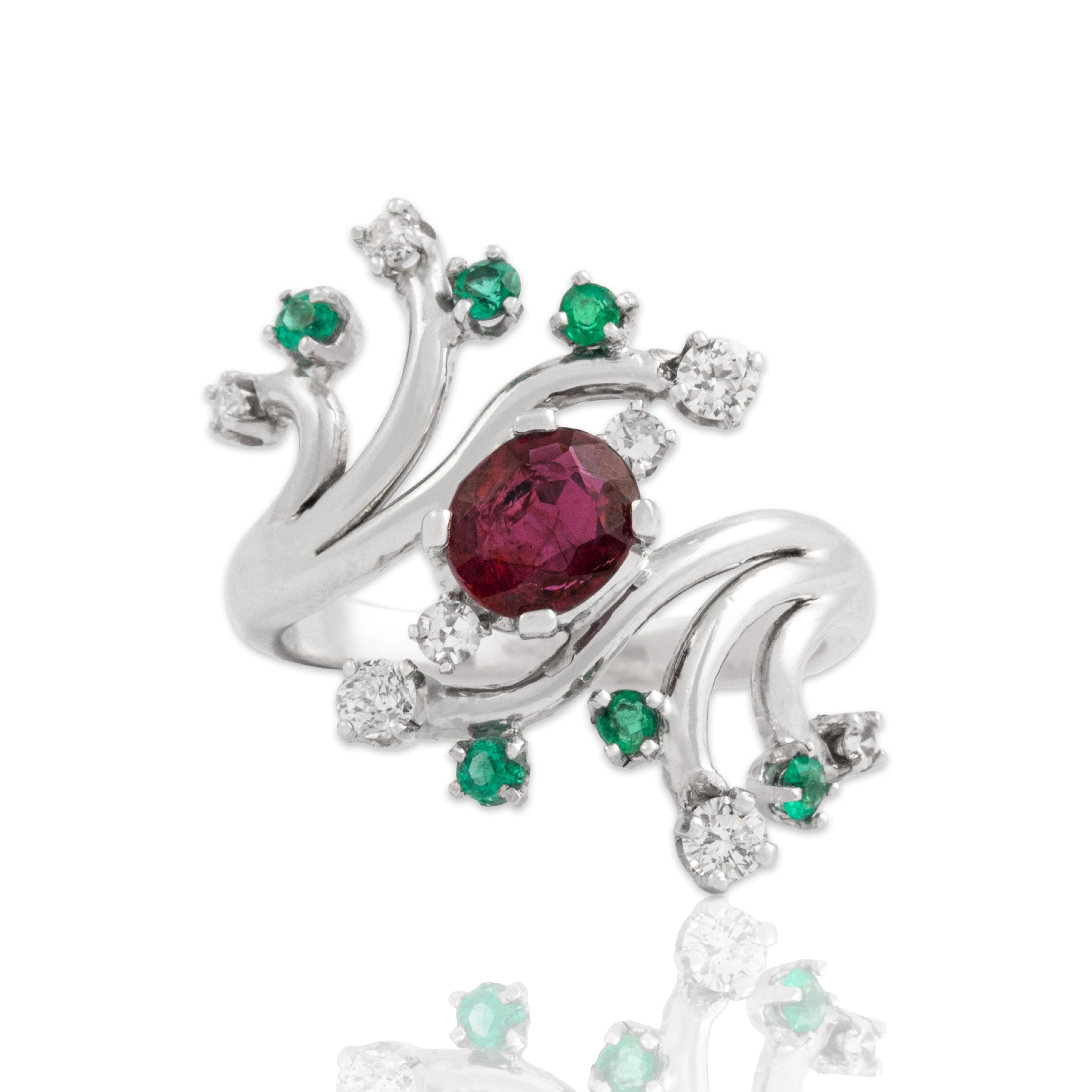 Vintage 14k White Gold .67ct Ruby Diamond Emerald Swirling Bypass Ring 6.25