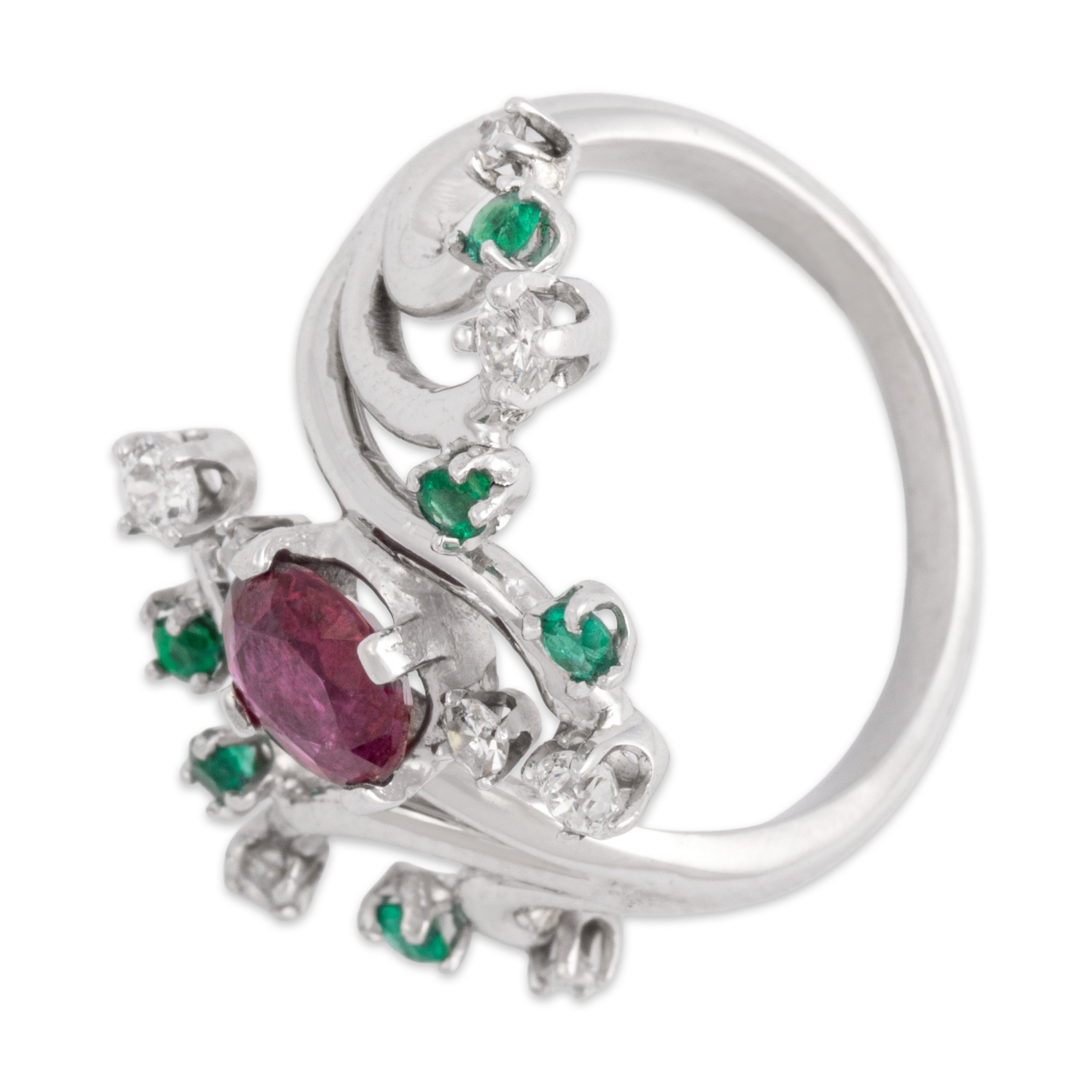 Vintage 14k White Gold .67ct Ruby Diamond Emerald Swirling Twining Bypass Ring - Overall view