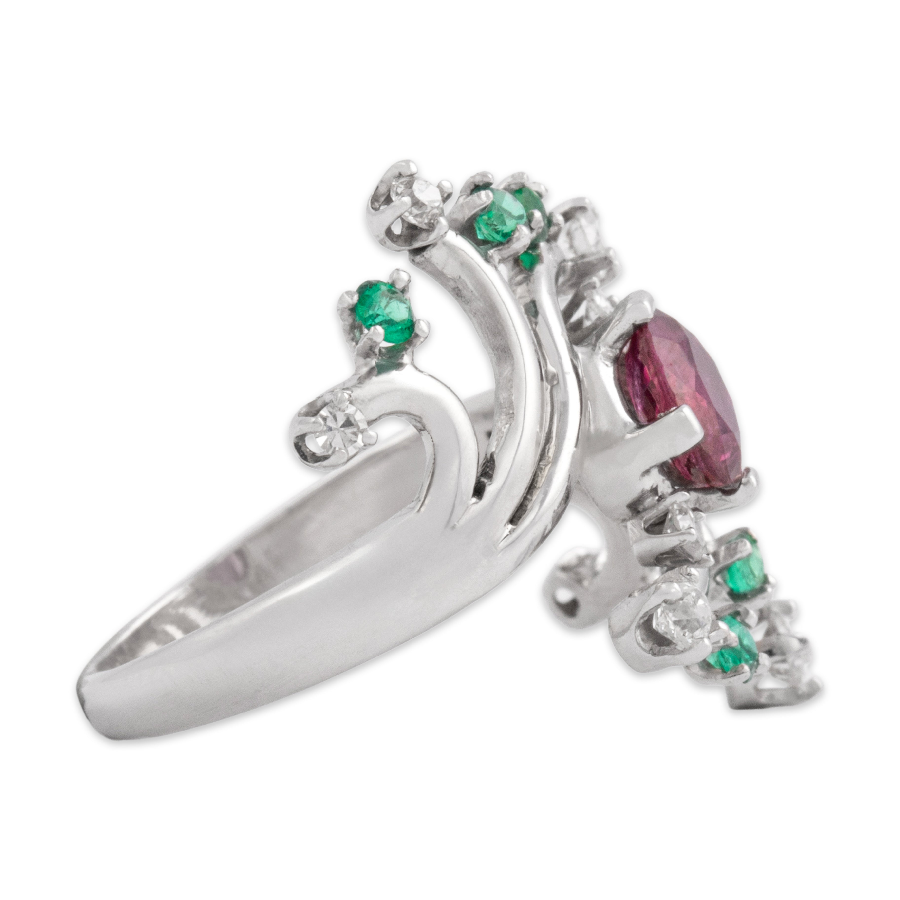 Vintage 14k White Gold .67ct Ruby Diamond Emerald Swirling Twining Bypass Ring - Side view