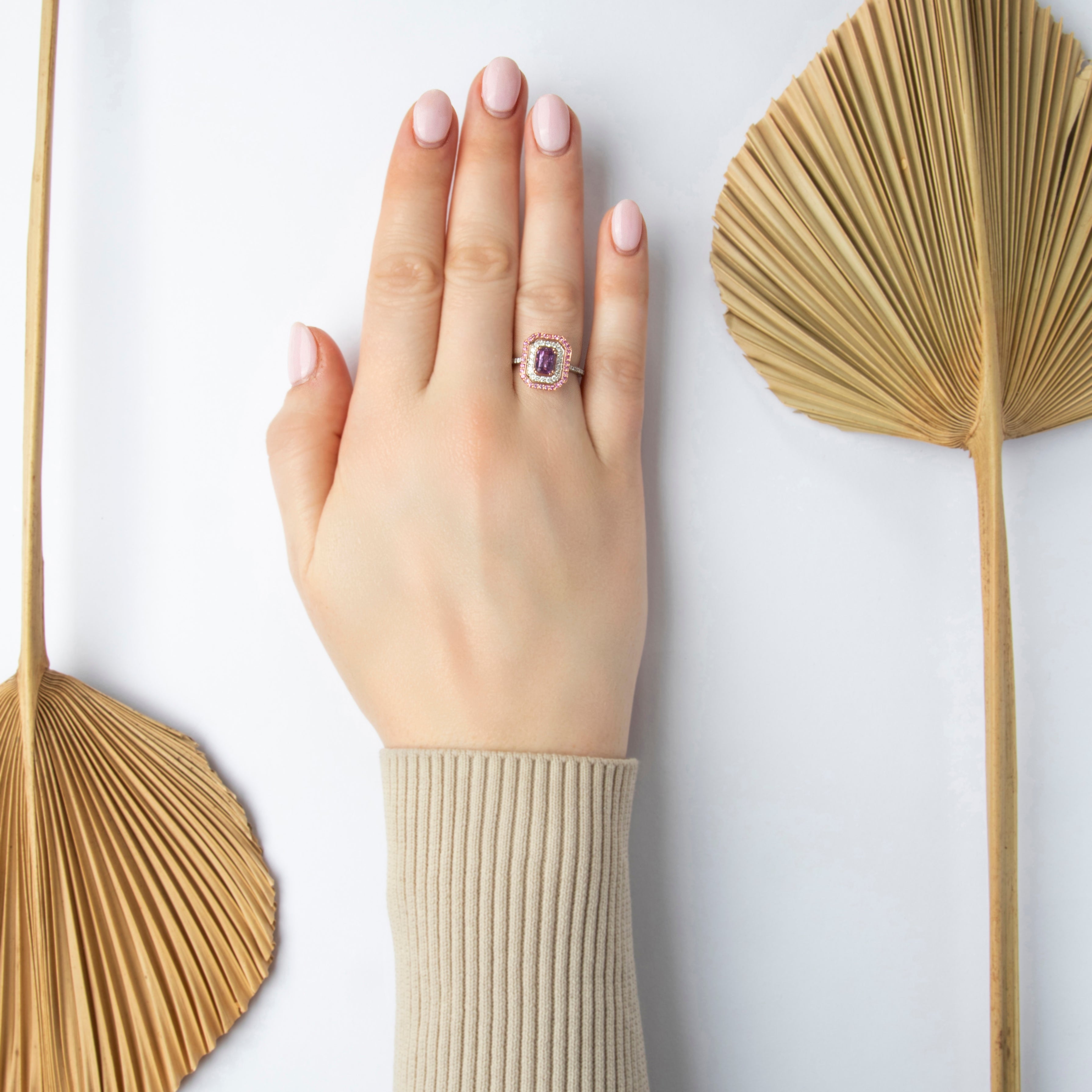 Estate 14k White & Rose Gold 1.15cttw Pink Sapphire Diamond Elegant Halo Ring 6.50