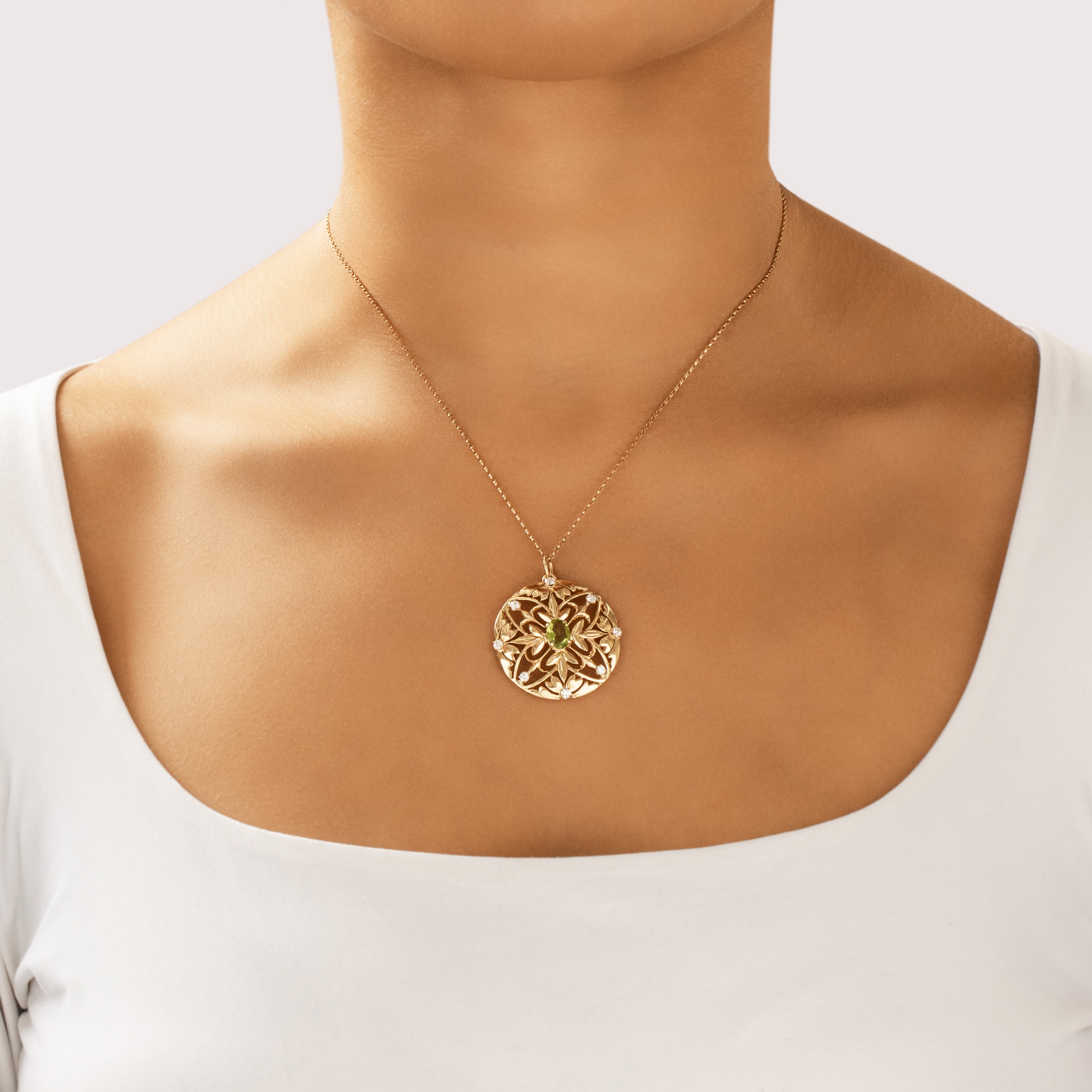 Vintage Shreve Crump & Low 14k Yellow Gold .93ct Peridot Diamond Large Pendant - On model view