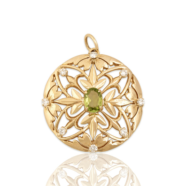 Vintage Shreve Crump & Low 14k Yellow Gold .93ct Peridot Diamond Large Pendant