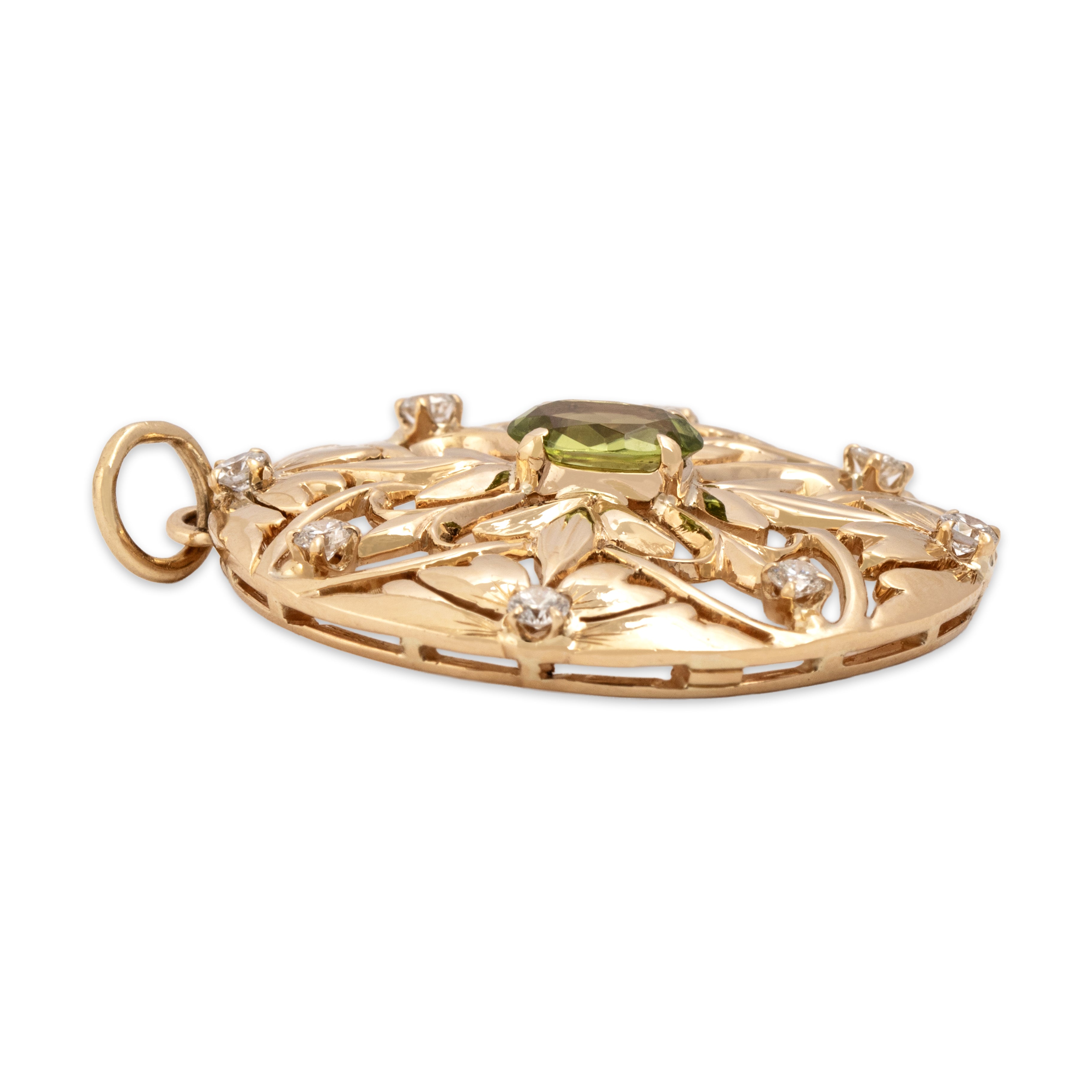 Vintage Shreve Crump & Low 14k Yellow Gold .93ct Peridot Diamond Large Pendant - Side view