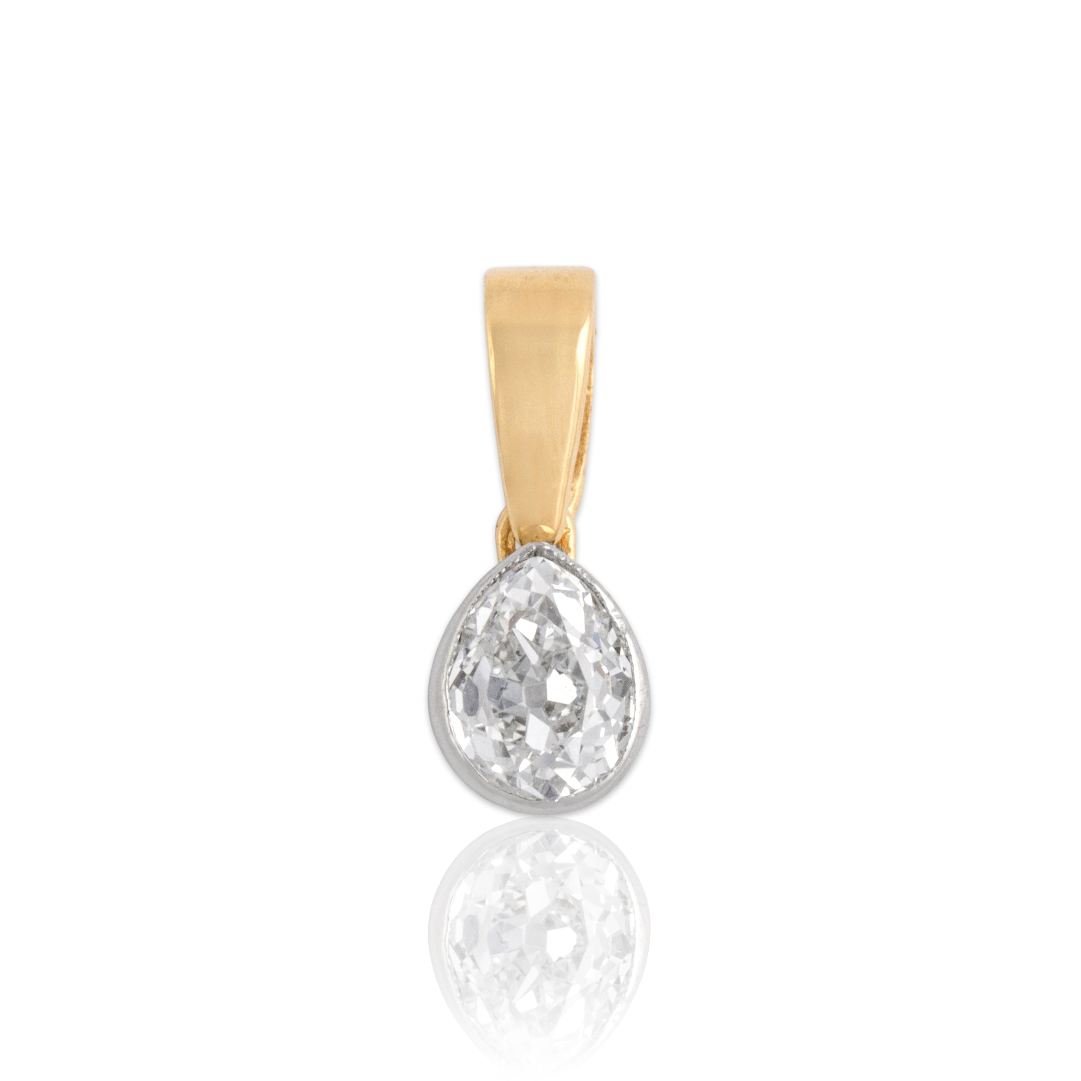 Antique Platinum & 18k Yellow Gold .95ct Old Mine Cut Diamond Exceptional Pear Drop Dangle Pendant - Close-up view