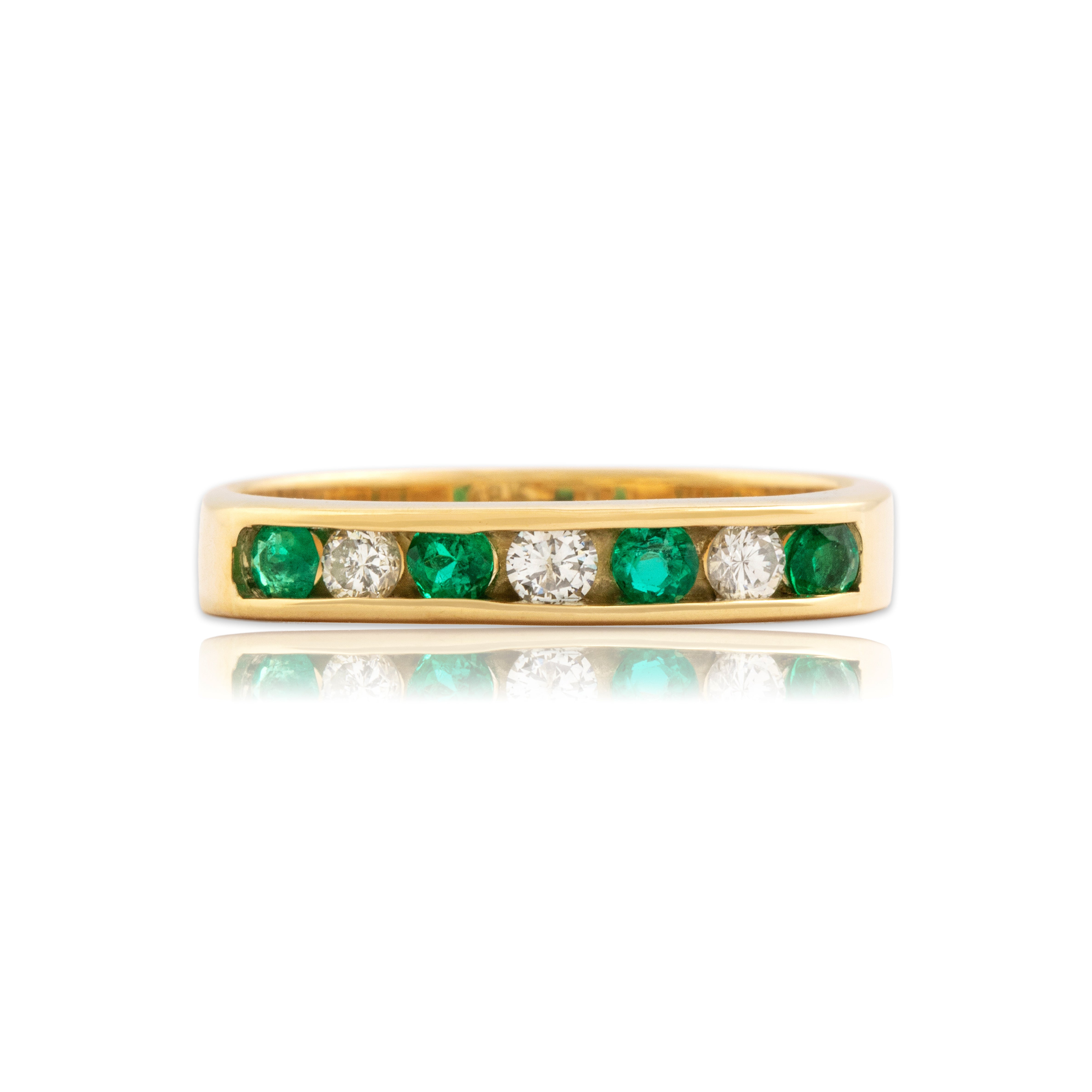 Vintage 18k Yellow Gold Emerald Diamond Evergreen Alternating Channel Ring 7.00