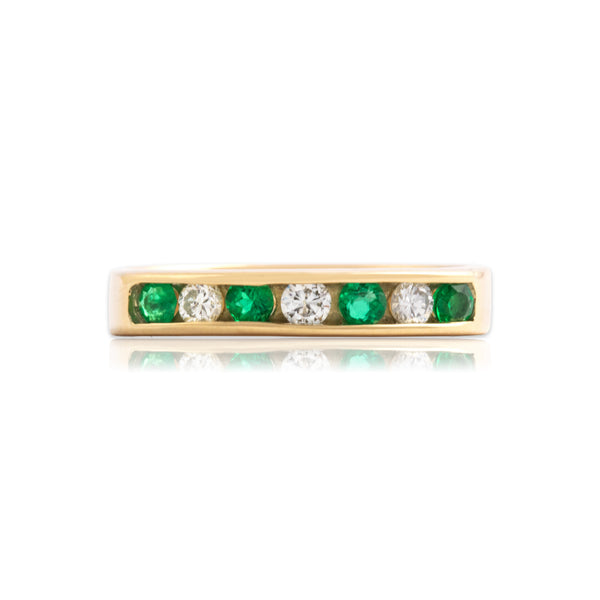 Vintage 18k Yellow Gold Emerald Diamond Evergreen Alternating Channel Ring 7.00