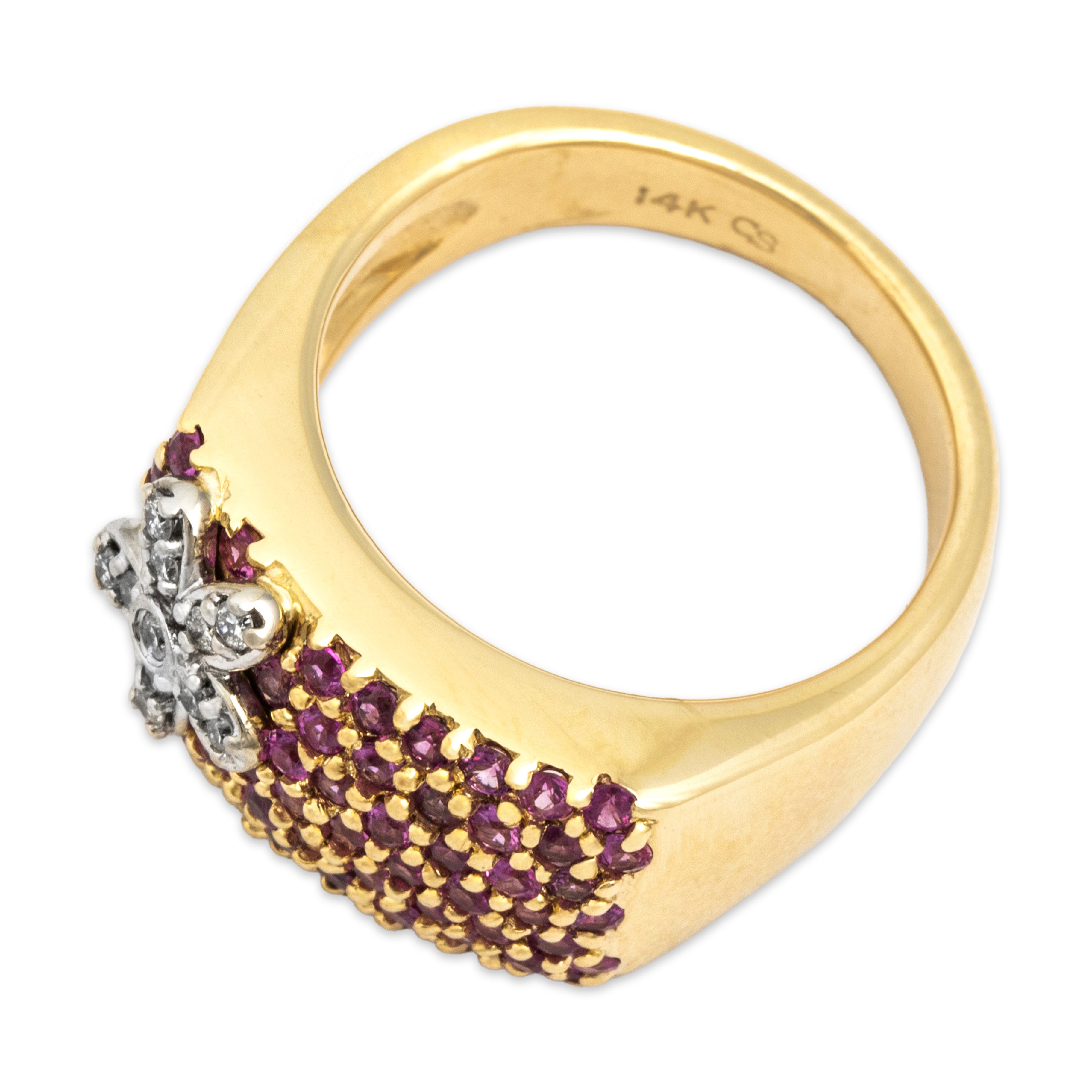 Vintage Heavy 14k Yellow & White Gold .75cttw Pink Sapphire Diamond Groovy Floral-Adorned Bar Ring - Overall view