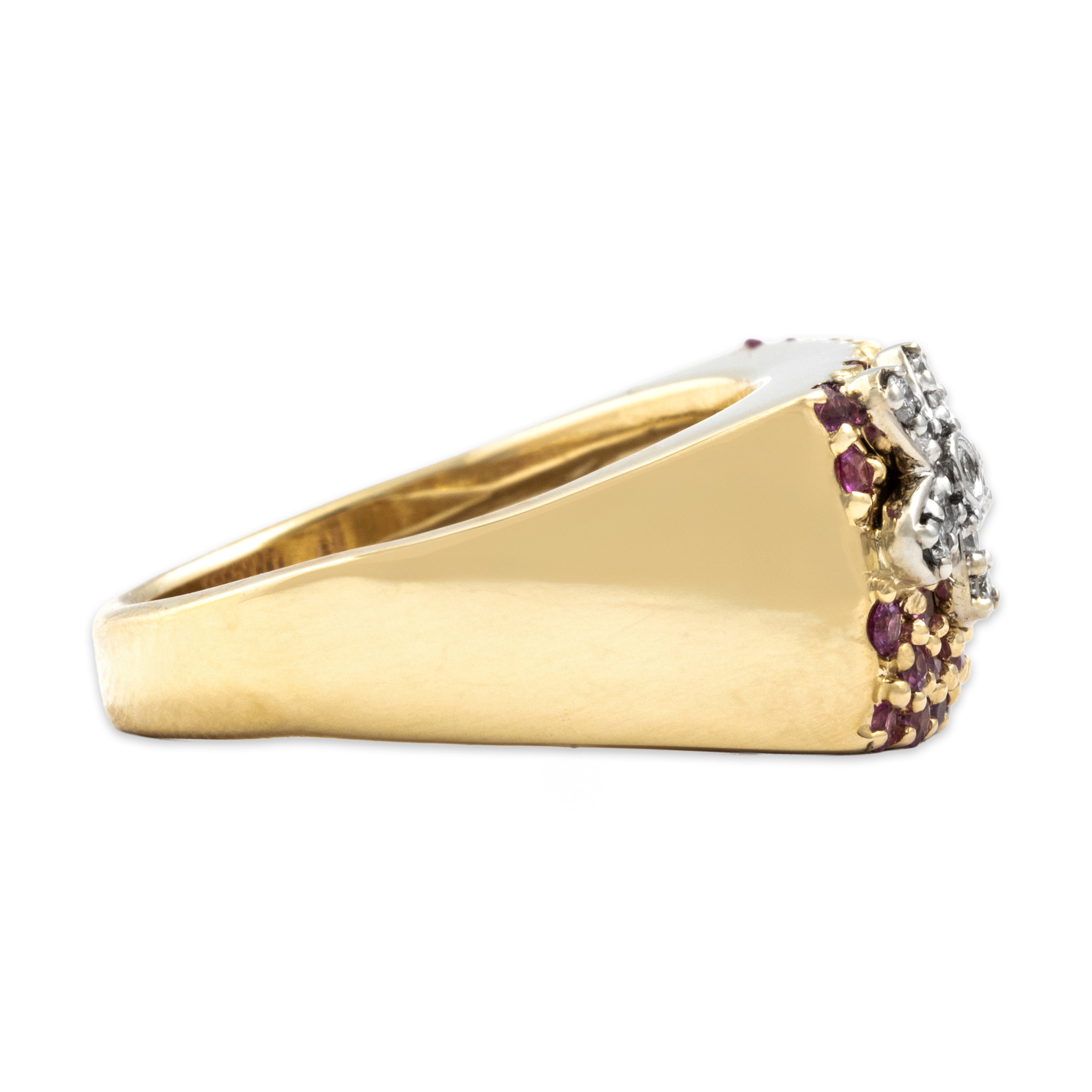 Vintage Heavy 14k Yellow & White Gold .75cttw Pink Sapphire Diamond Groovy Floral-Adorned Bar Ring - Side view