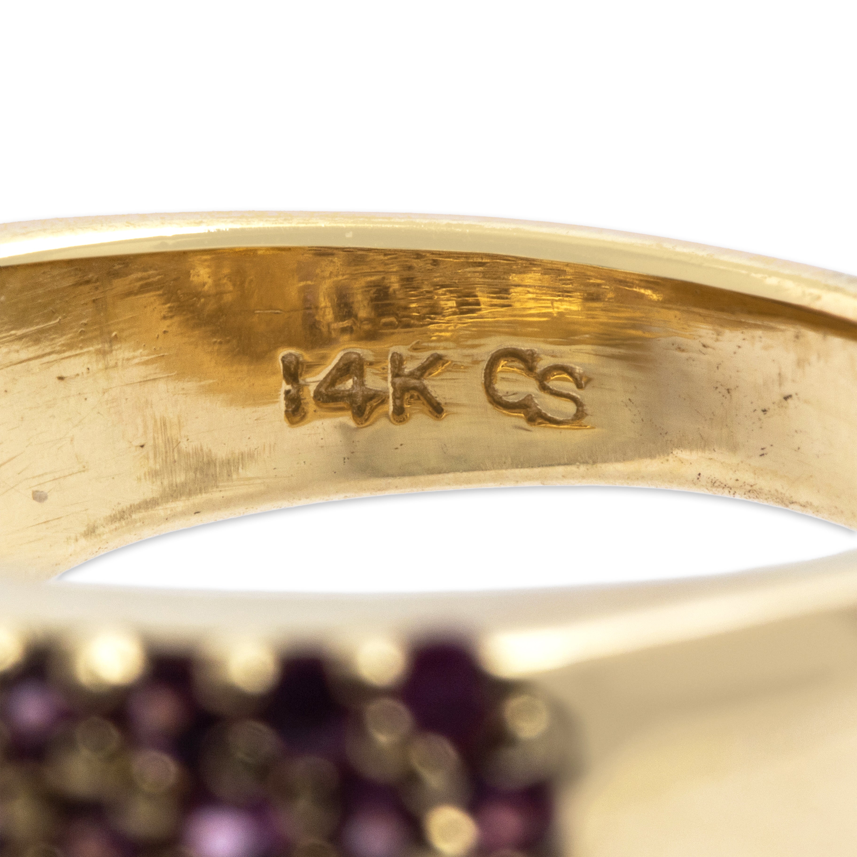 Vintage Heavy 14k Yellow & White Gold .75cttw Pink Sapphire Diamond Groovy Floral-Adorned Bar Ring - Hallmark view