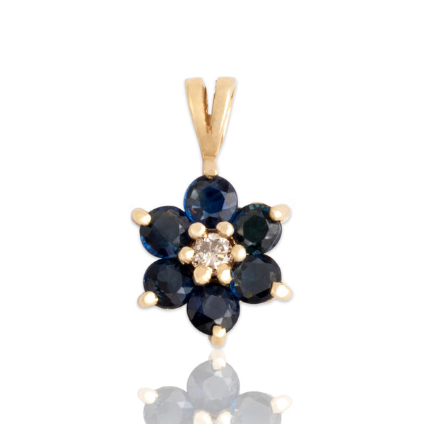 Vintage Small 14k Yellow Gold Blue Sapphire Diamond Sweet Flower Pendant