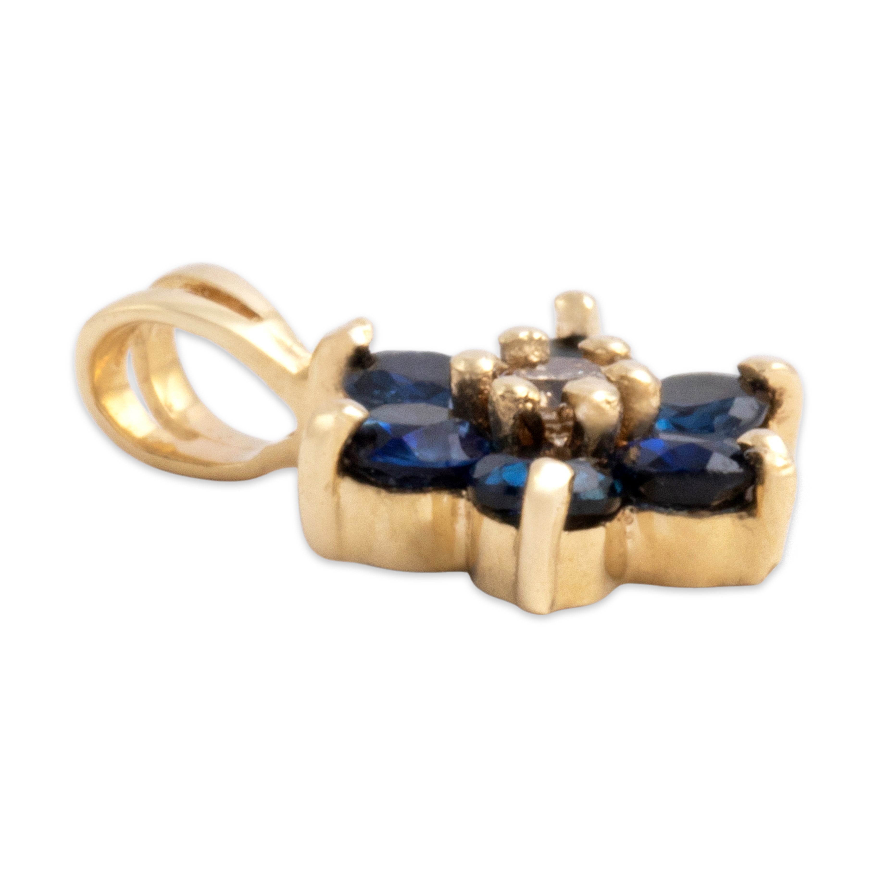Vintage Small 14k Yellow Gold Blue Sapphire Diamond Sweet Flower Pendant - Side view