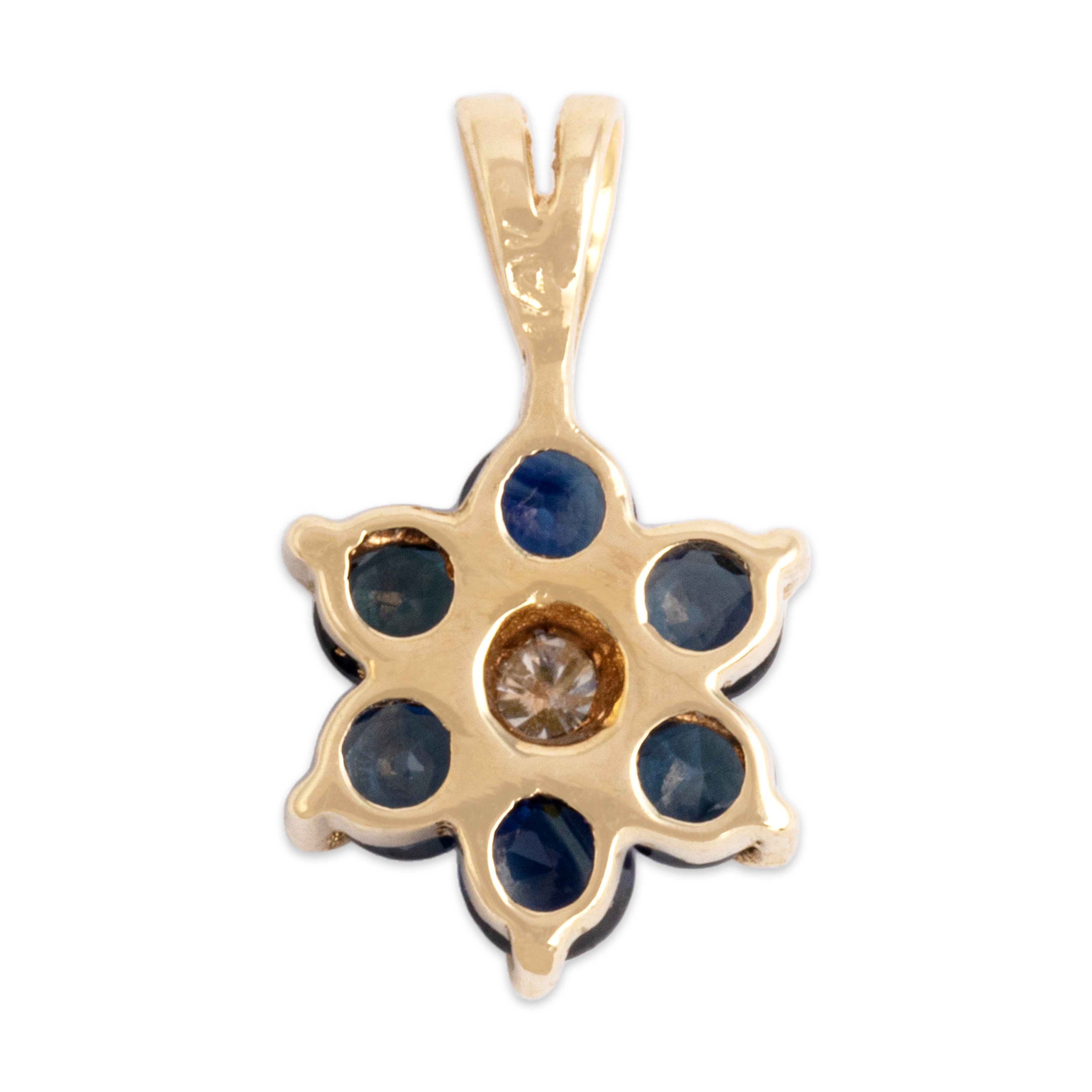 Vintage Small 14k Yellow Gold Blue Sapphire Diamond Sweet Flower Pendant - Back view