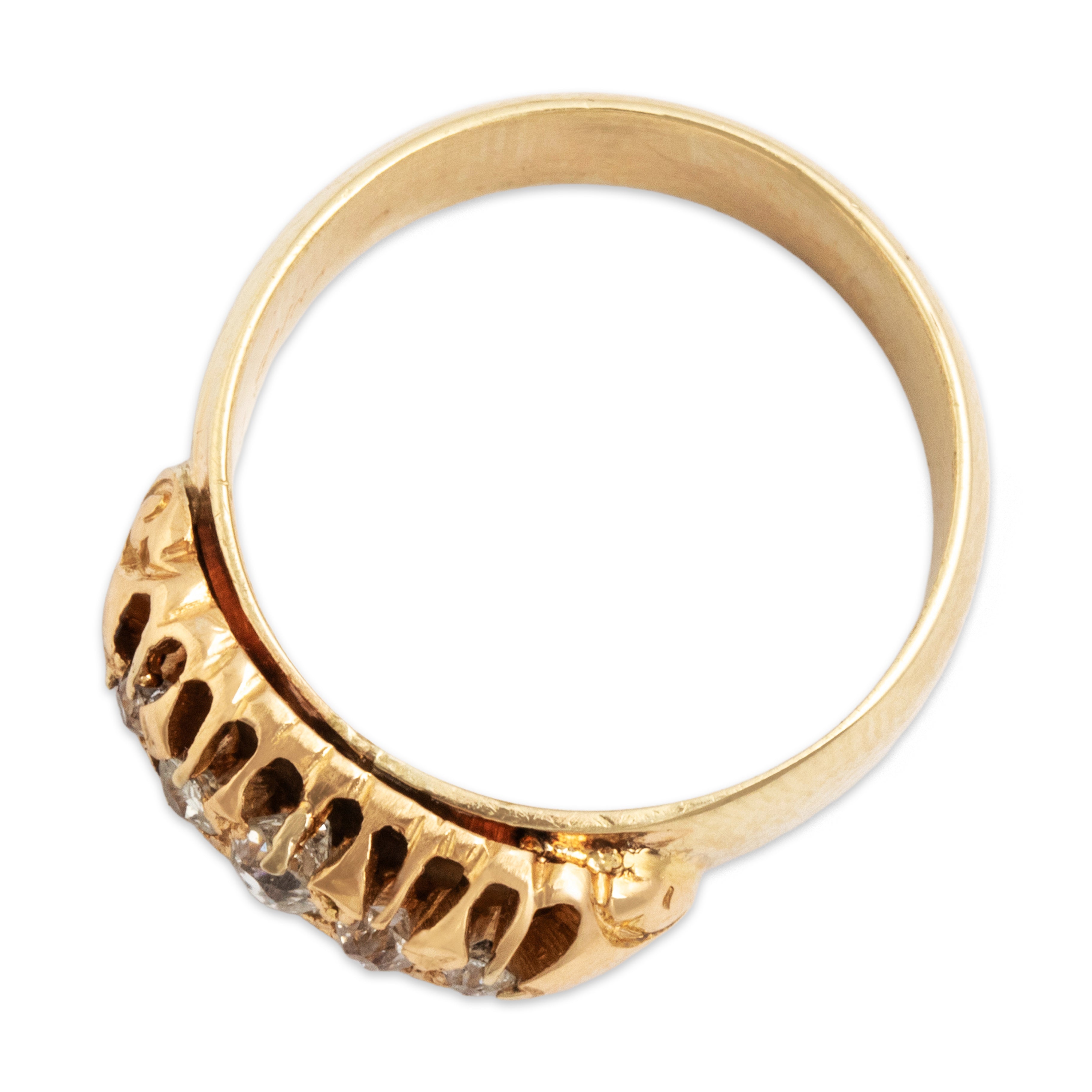 Antique 14k Yellow Gold Old Mine Cut Diamond Belcher-Set Line Ring - Overall view