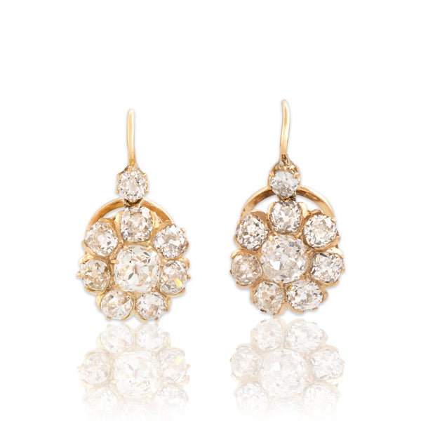 Antique Victorian 18k & 14k Rosy Yellow Gold 5.53cttw Old Mine Cut Diamond Exceptional Halo Lever-Back Dangle Earrings - Close-up view