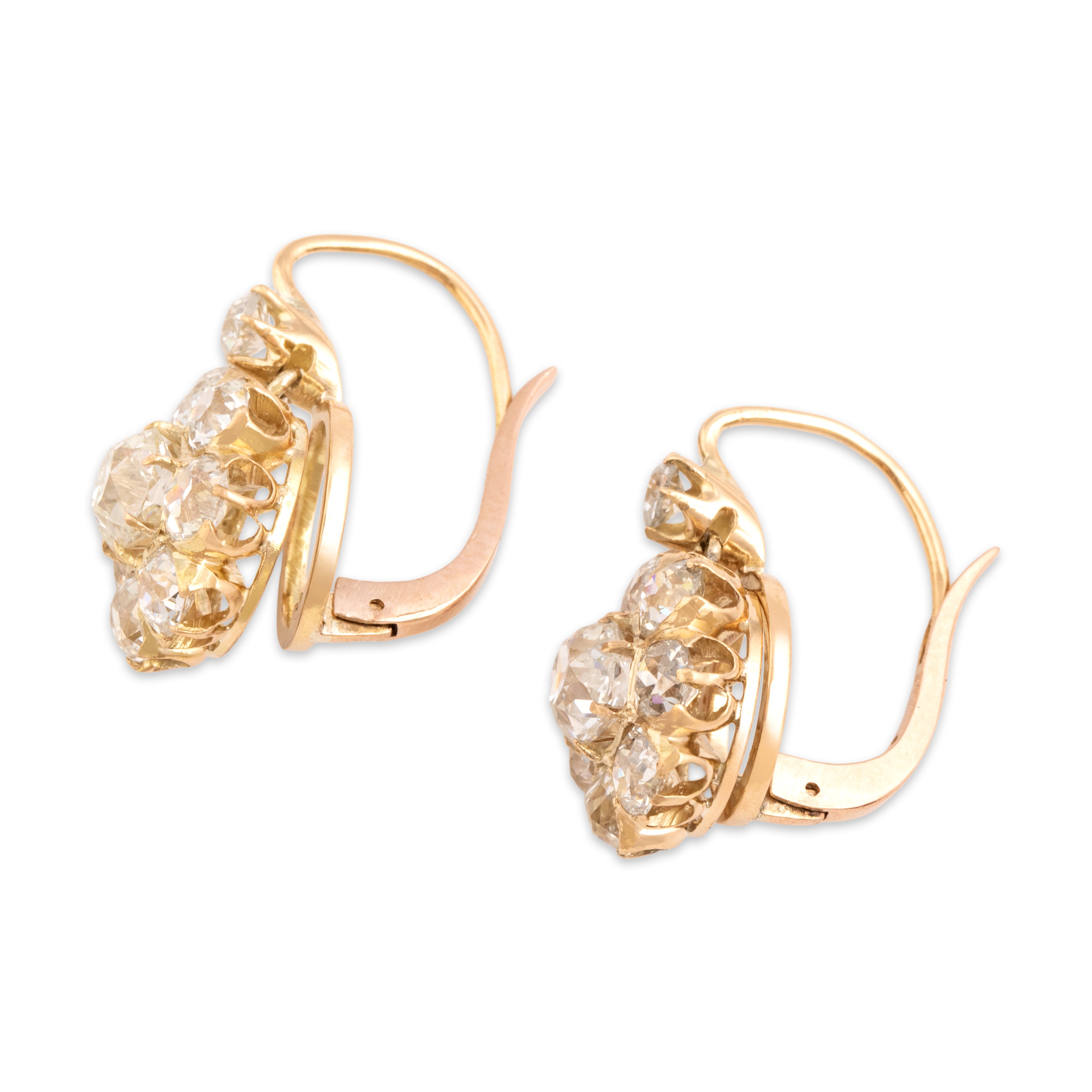 Antique Victorian 18k & 14k Rosy Yellow Gold 5.53cttw Old Mine Cut Diamond Exceptional Halo Lever-Back Dangle Earrings - Side view